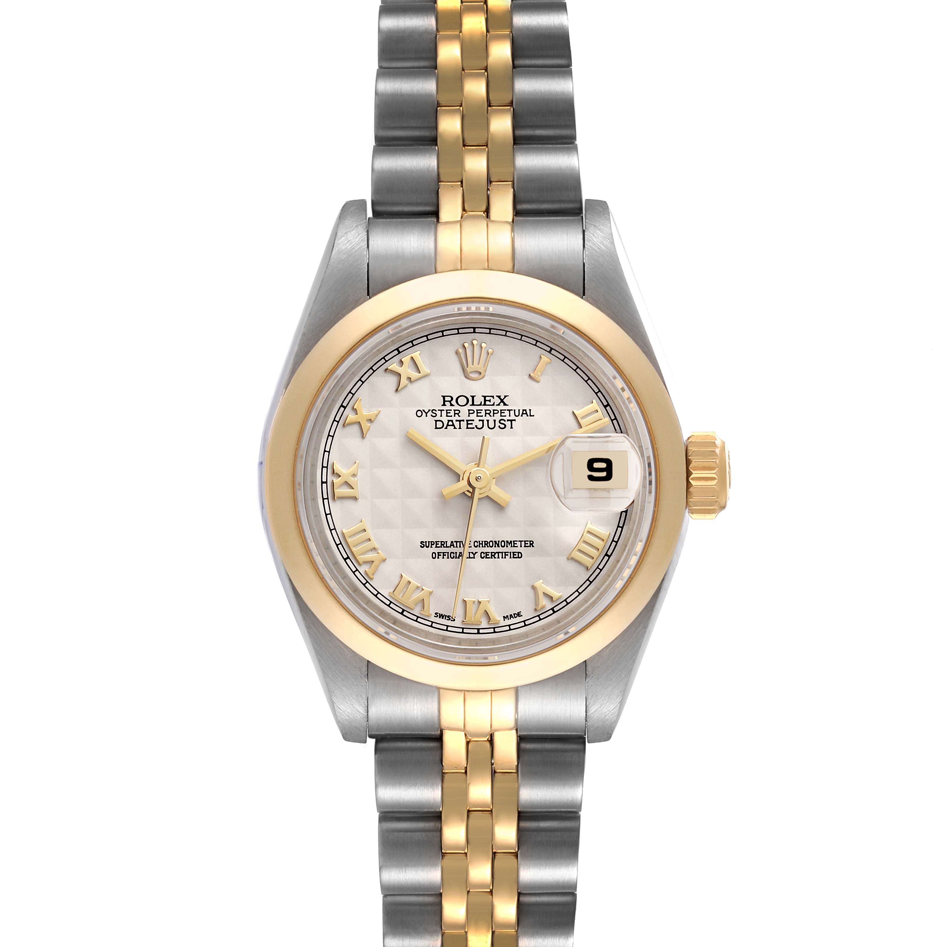 The image shows a Rolex Datejust 79163 Women's Steel and Gold (two tone) White Dial 79163 Women's Steel and Gold (two tone) White Dial watch from a front angle, displaying the face, dial, bezel, and bracelet.