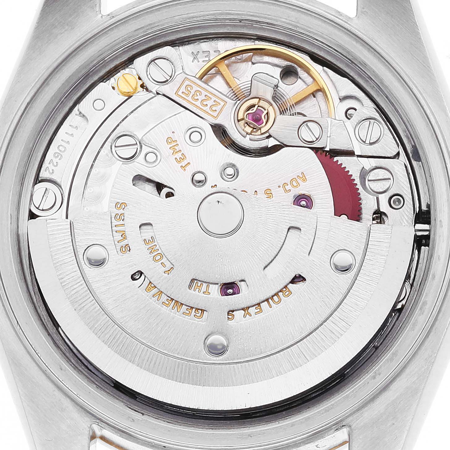 This image shows the internal mechanism and movement of the Rolex Datejust 79163 Women's Steel and Gold (two tone) White Dial 79163 Women's Steel and Gold (two tone) White Dial watch from the back.