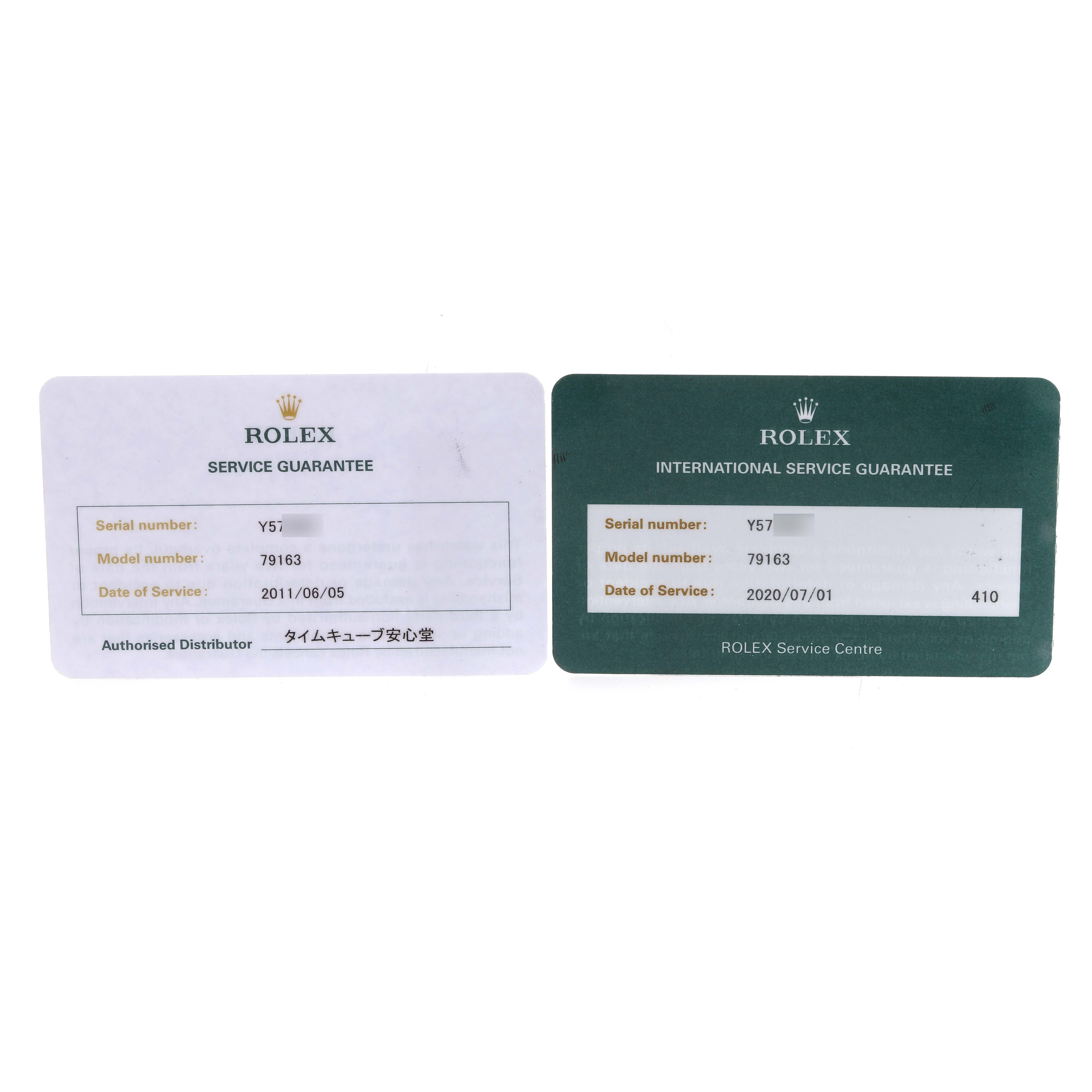 The image shows two Rolex service guarantee cards for the Datejust model.