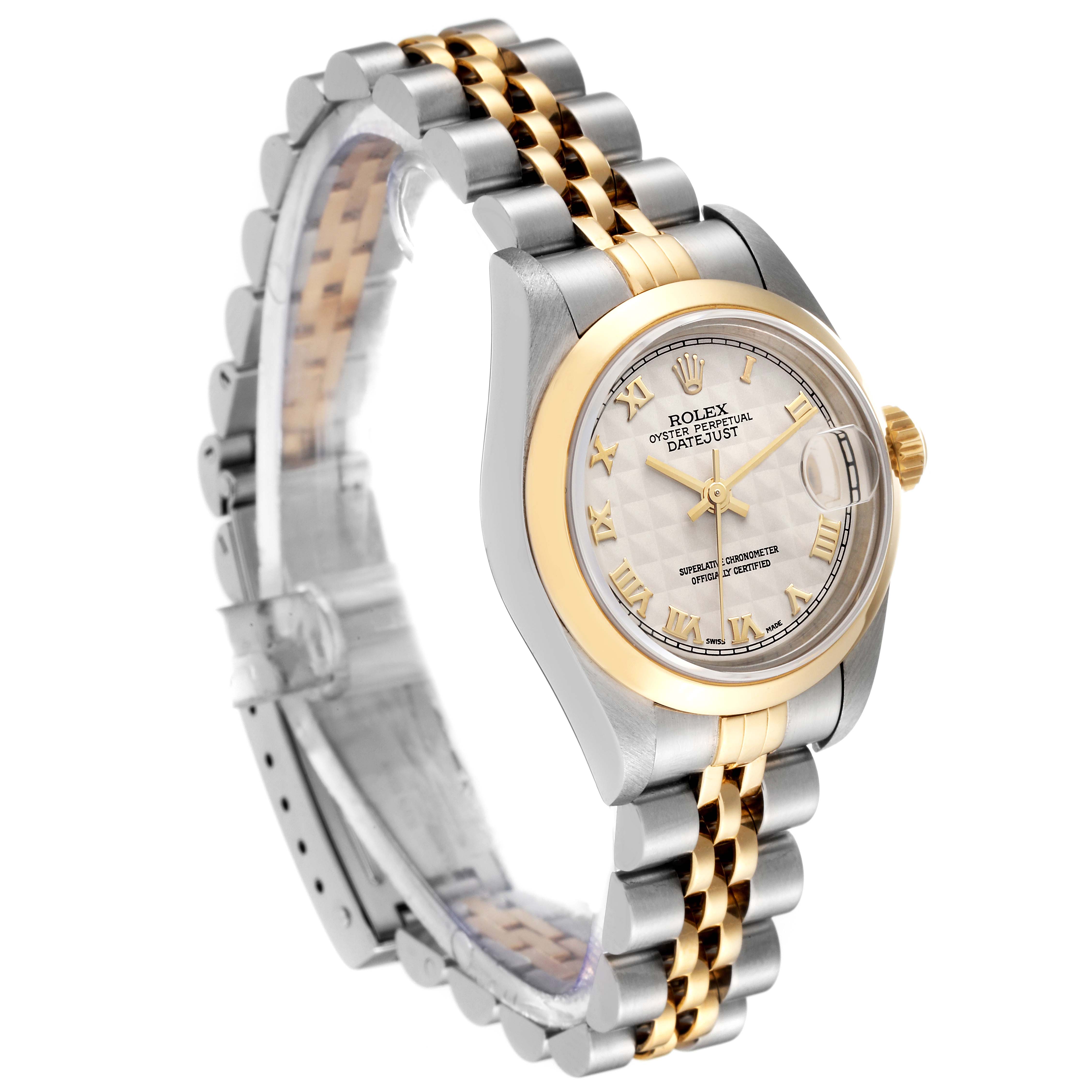 The image shows a side angle of the Rolex Datejust 79163 Women's Steel and Gold (two tone) White Dial 79163 Women's Steel and Gold (two tone) White Dial watch, highlighting the face and bracelet.