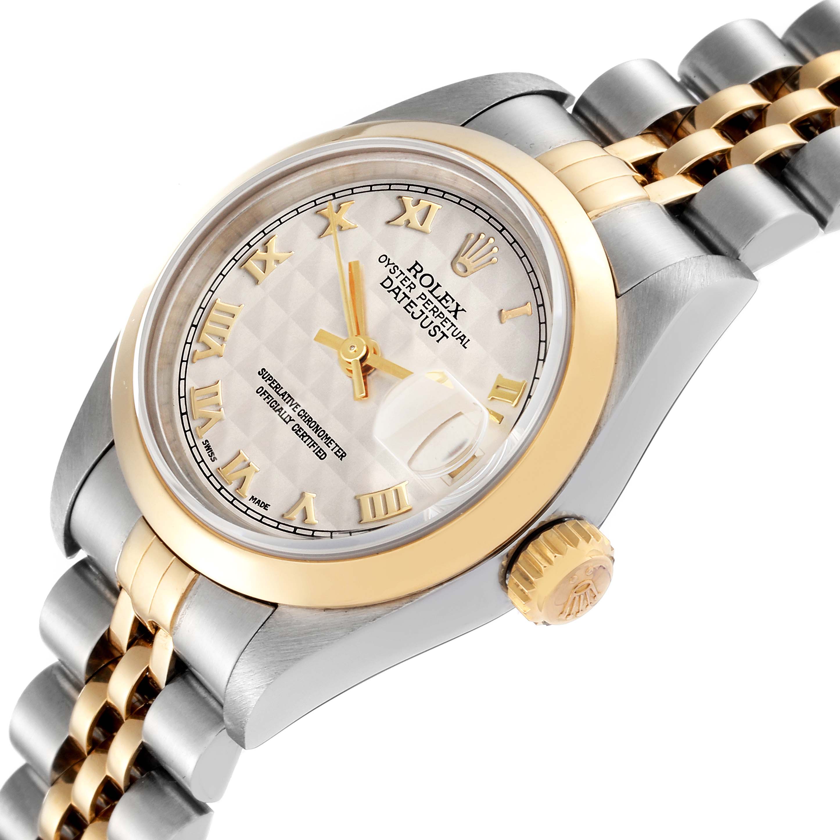 This image shows a tilted view of a Rolex Datejust 79163 Women's Steel and Gold (two tone) White Dial 79163 Women's Steel and Gold (two tone) White Dial watch, highlighting its dial, crown, and two-tone bracelet.