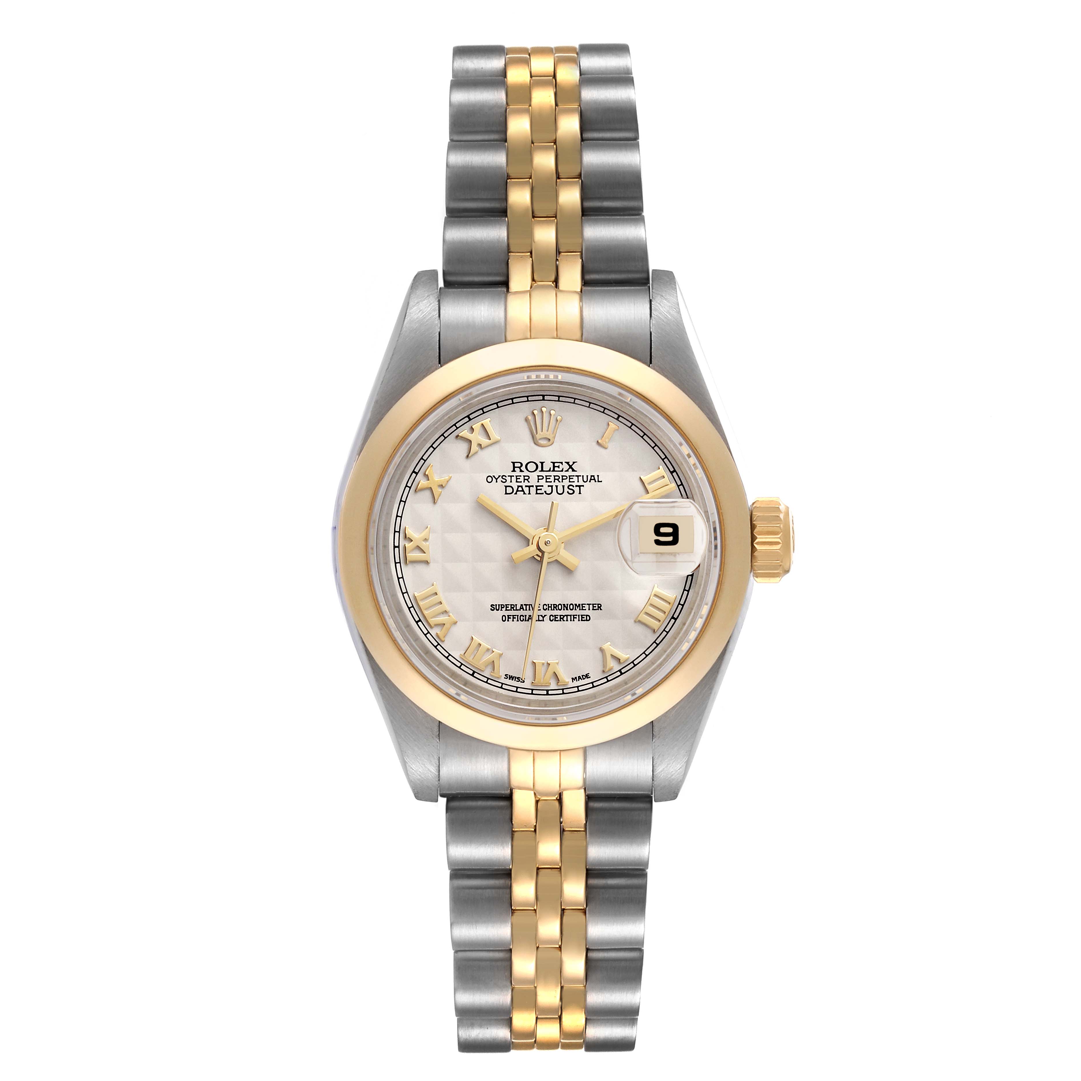 This Rolex Datejust 79163 Women's Steel and Gold (two tone) White Dial 79163 Women's Steel and Gold (two tone) White Dial watch is shown from a top-down angle, highlighting its face, bezel, and two-tone bracelet.