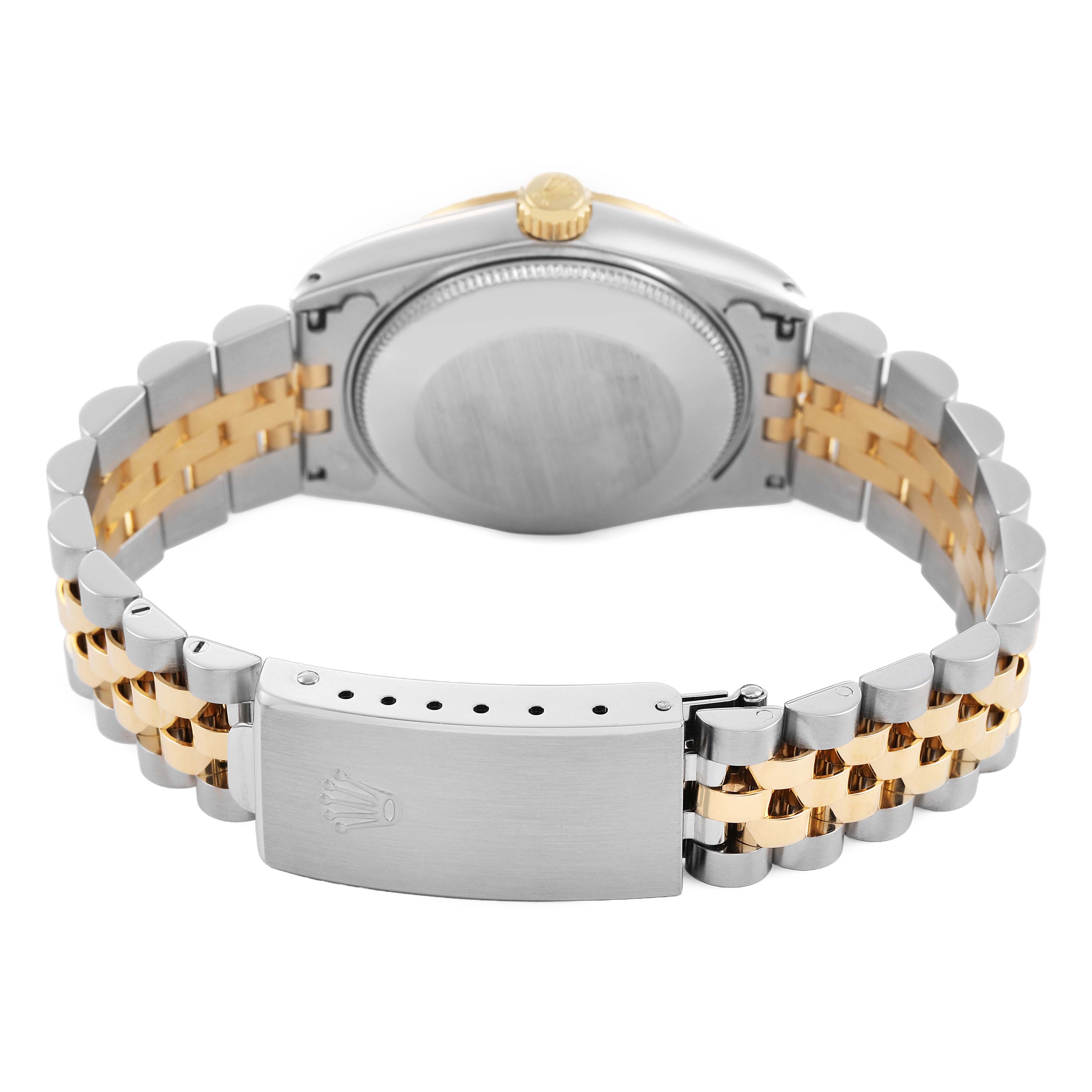 The image shows the back view of a Rolex Datejust 68273 Women's Steel and Gold (two tone) Champagne Dial, highlighting the case back, clasp, and bracelet.