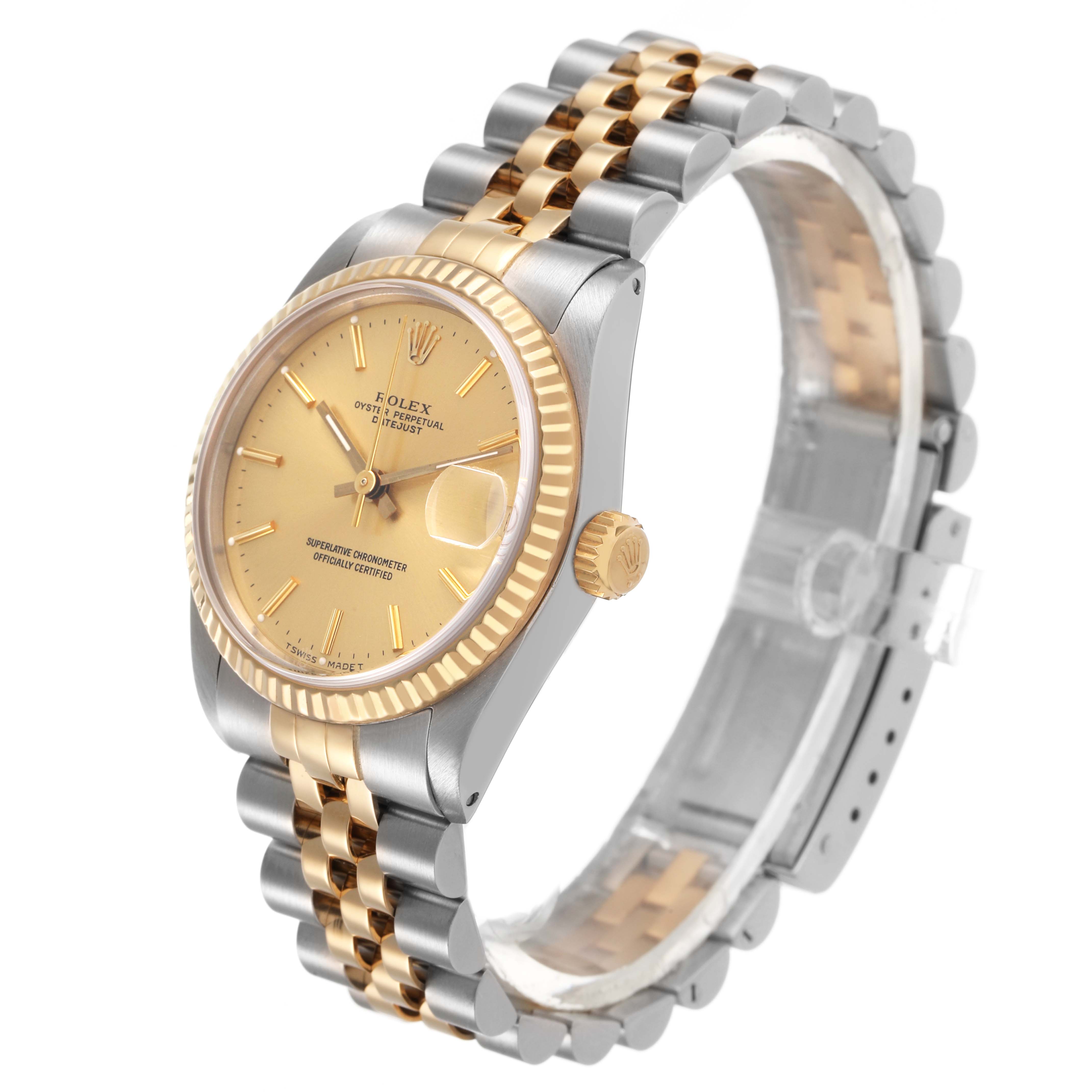 The Rolex Datejust 68273 Women's Steel and Gold (two tone) Champagne Dial watch is shown at a three-quarter angle, highlighting the face, fluted bezel, and jubilee bracelet.
