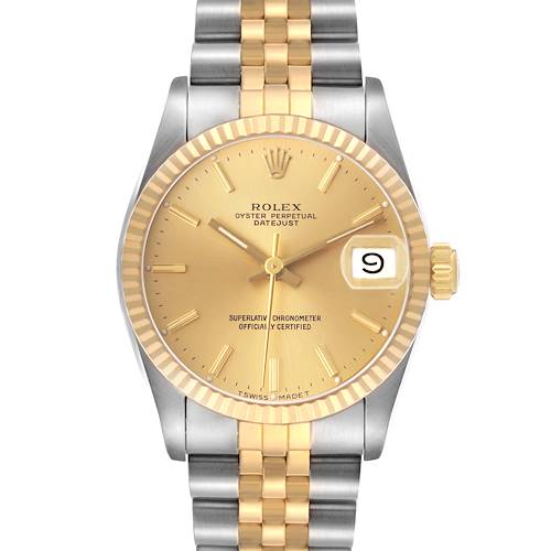 The Rolex Datejust 68273 Women's Steel and Gold (two tone) Champagne Dial watch is shown from a front angle, highlighting the dial, fluted bezel, and two-tone bracelet.