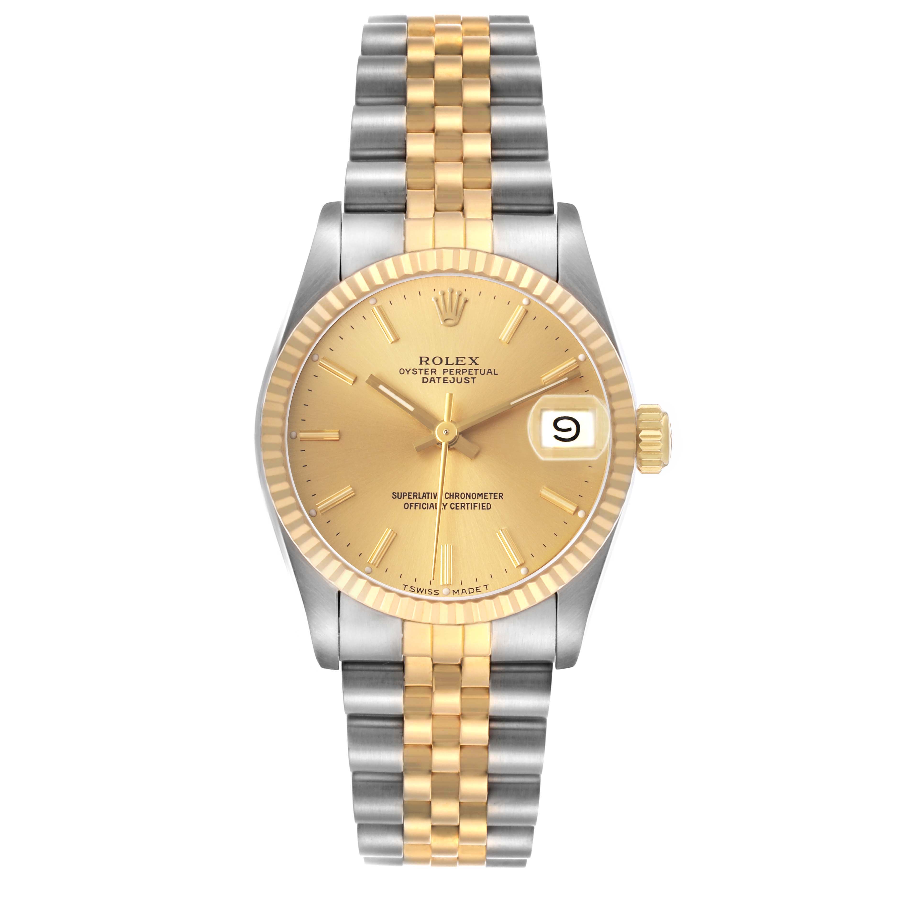 The Rolex Datejust 68273 Women's Steel and Gold (two tone) Champagne Dial watch is shown from a front angle, revealing its gold dial, fluted bezel, and two-tone bracelet.