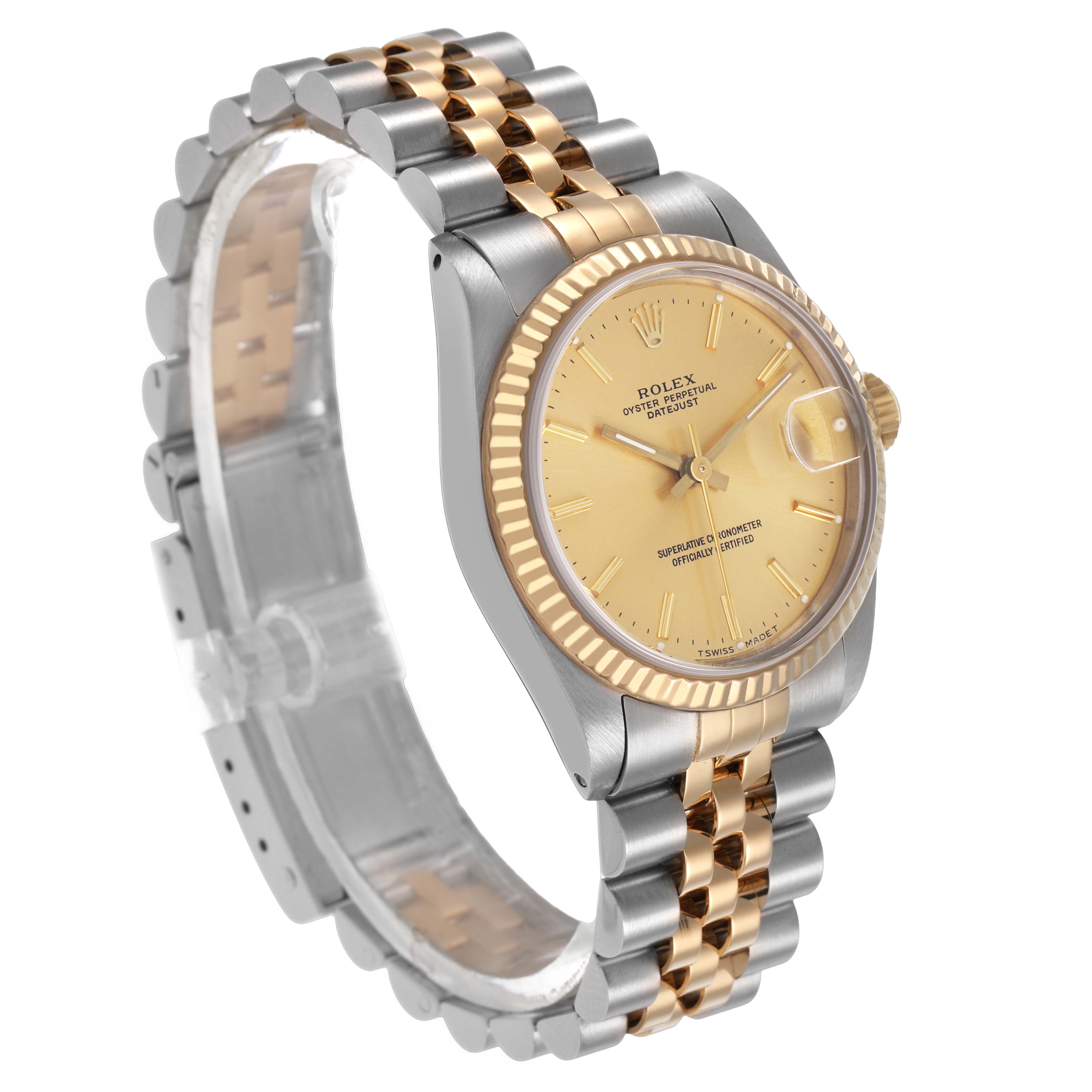 The Rolex Datejust 68273 Women's Steel and Gold (two tone) Champagne Dial watch is shown at a three-quarter angle, displaying the gold and silver bracelet, gold bezel, and champagne dial.