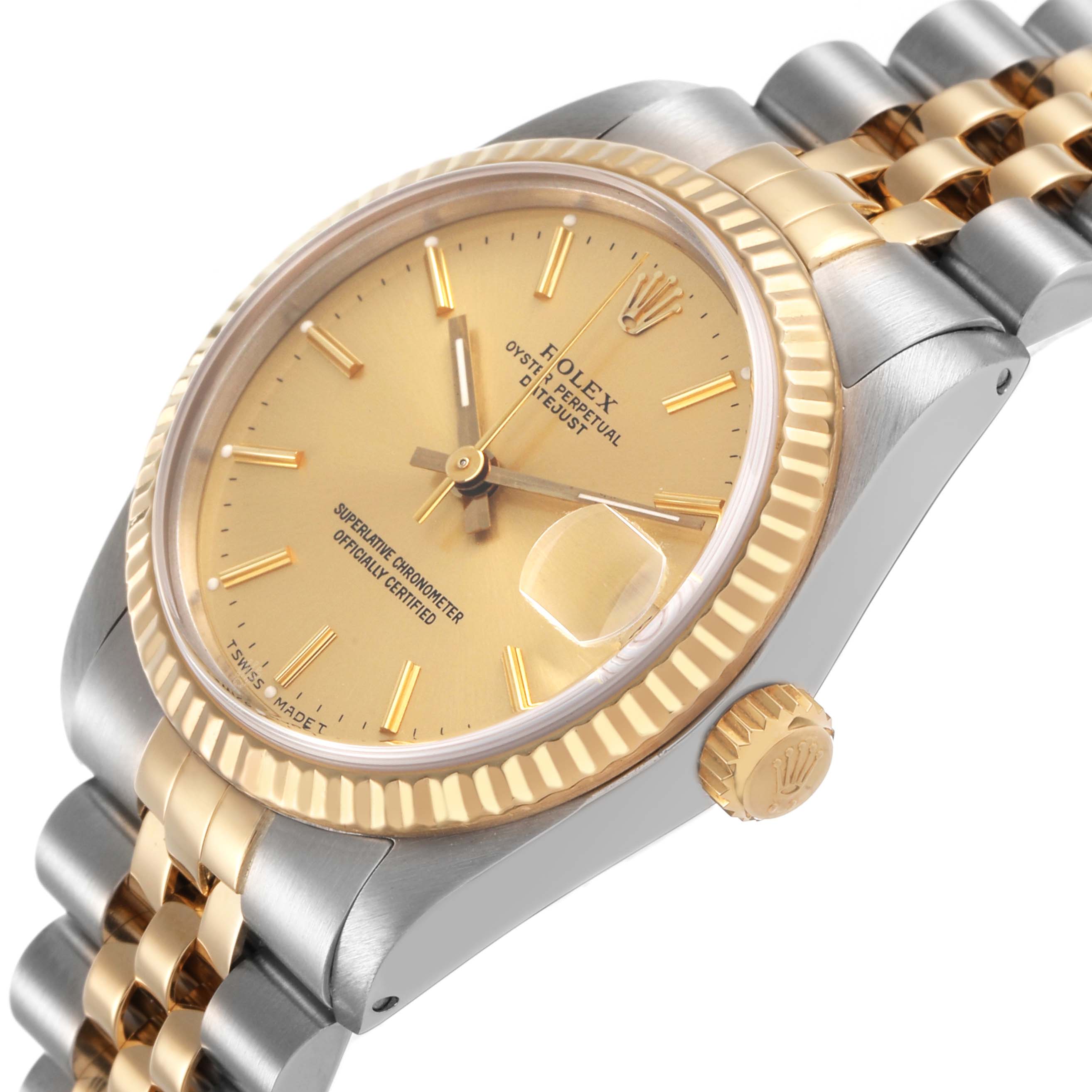 The Rolex Datejust 68273 Women's Steel and Gold (two tone) Champagne Dial watch is shown at a slight angle, highlighting the gold dial, bezel, and Jubilee bracelet.