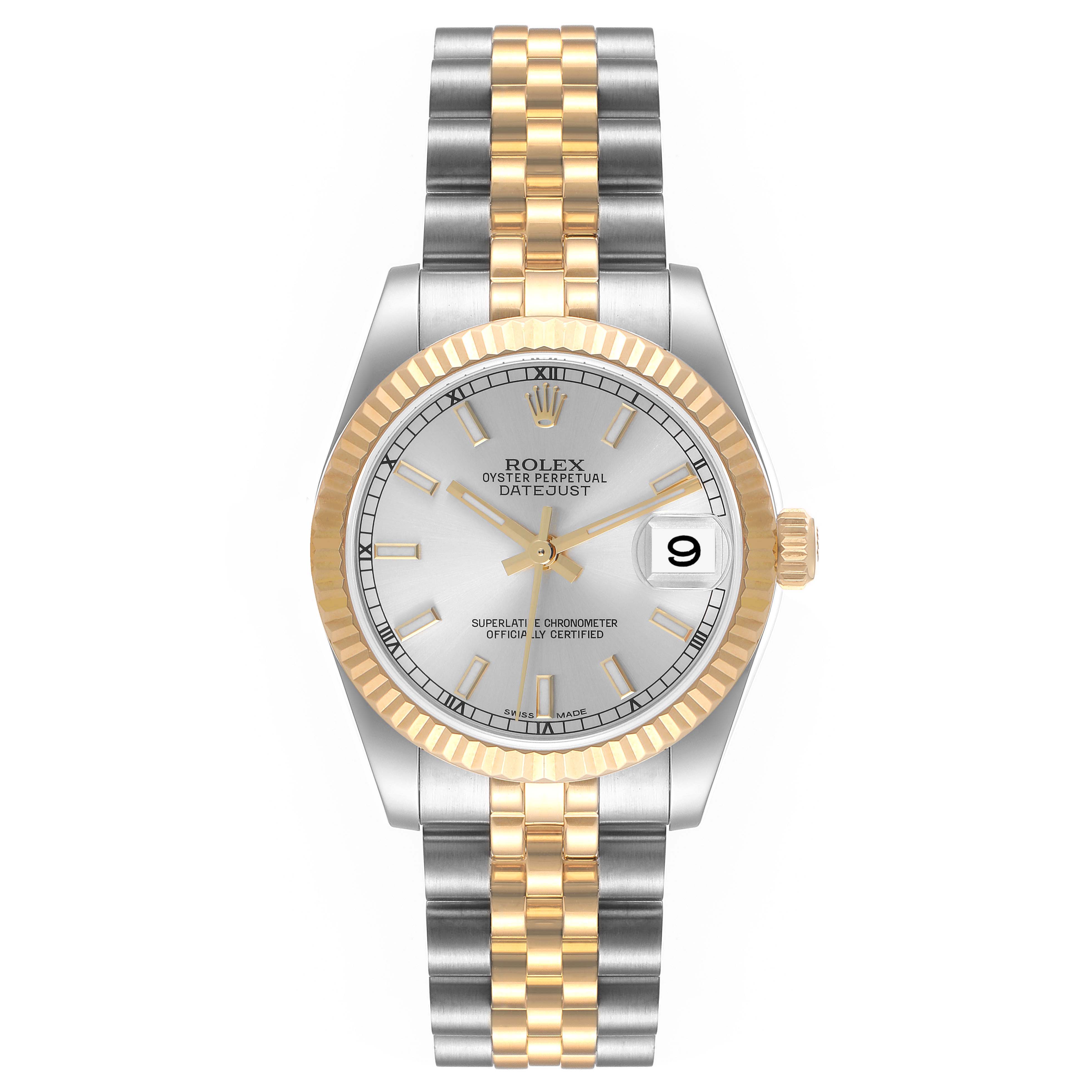 This image displays a Rolex Datejust Mid-Size watch from a front angle, highlighting the dial, bezel, and bracelet.