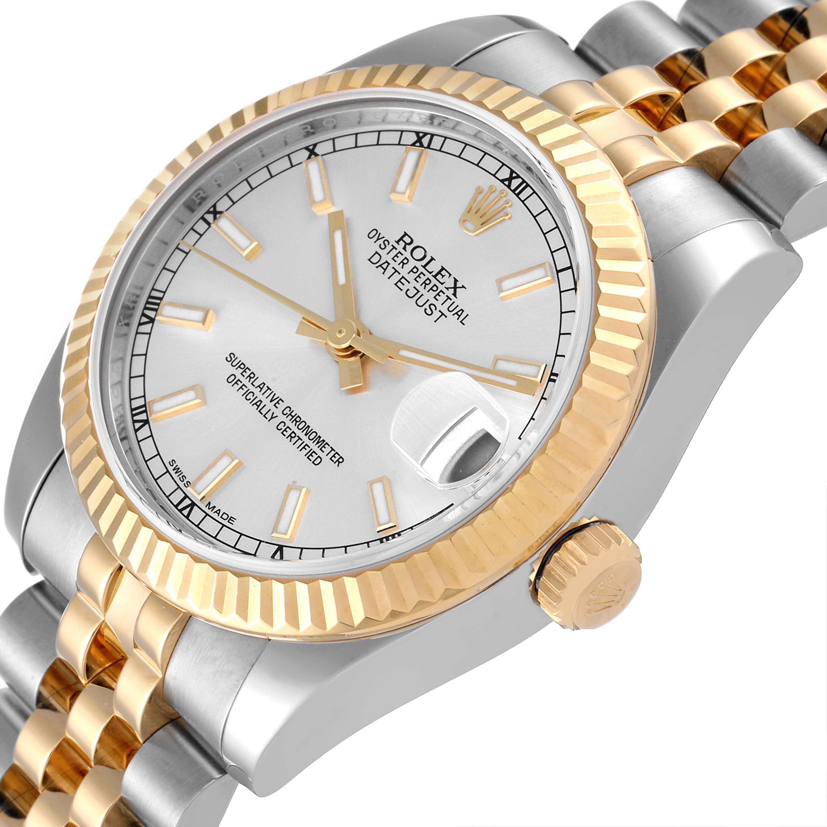 This image shows a close-up, angled view of the Rolex Mid-Size 178273 Women
s Steel and Gold (two tone) Silver Dial 178273 Women
s Steel and Gold (two tone) Silver Dial Datejust watch, focusing on the dial, bezel, and part of the bracelet.