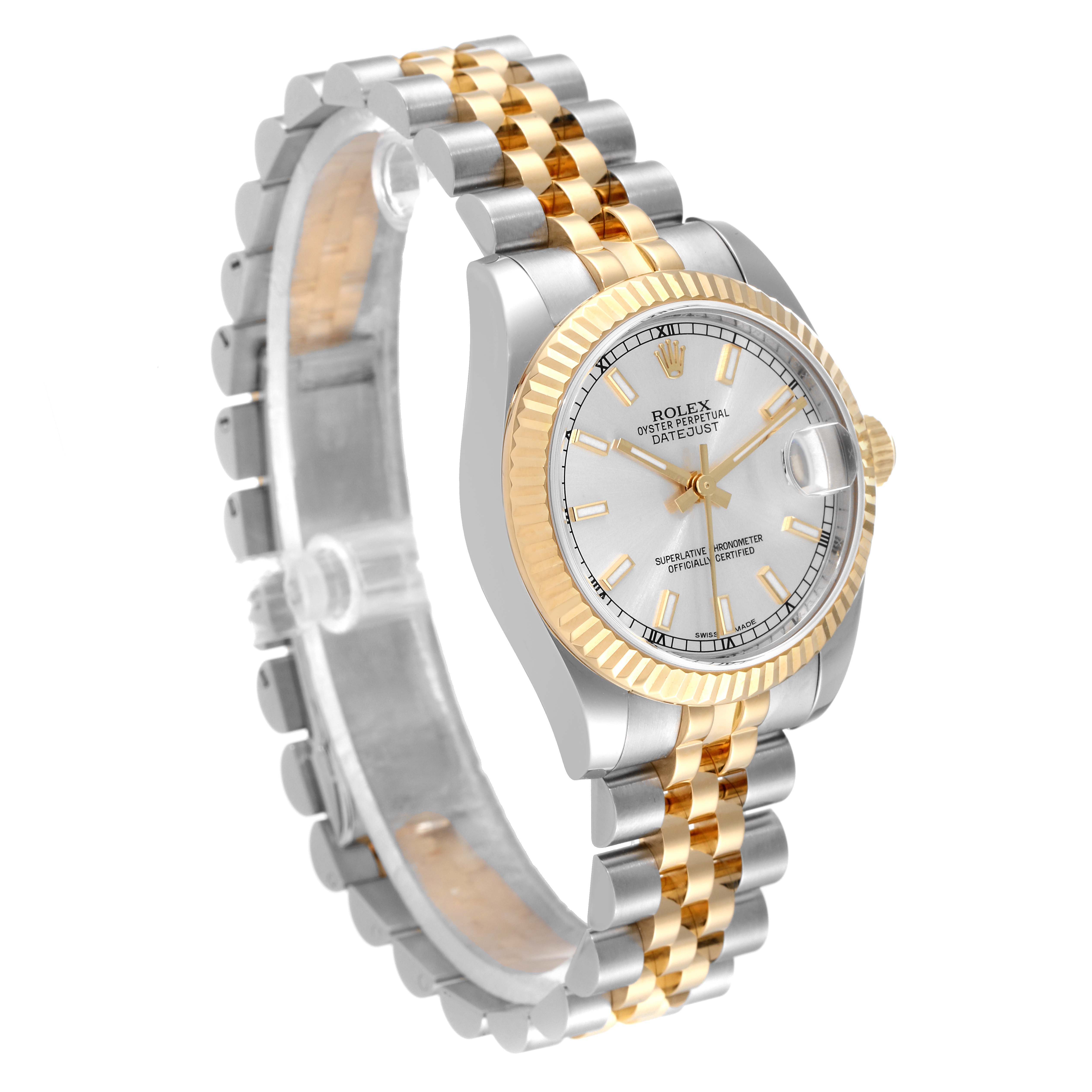 The image shows a side angle of the Rolex Mid-Size 178273 Women
s Steel and Gold (two tone) Silver Dial 178273 Women
s Steel and Gold (two tone) Silver Dial Datejust watch, highlighting its two-tone bracelet, fluted bezel, and white dial.
