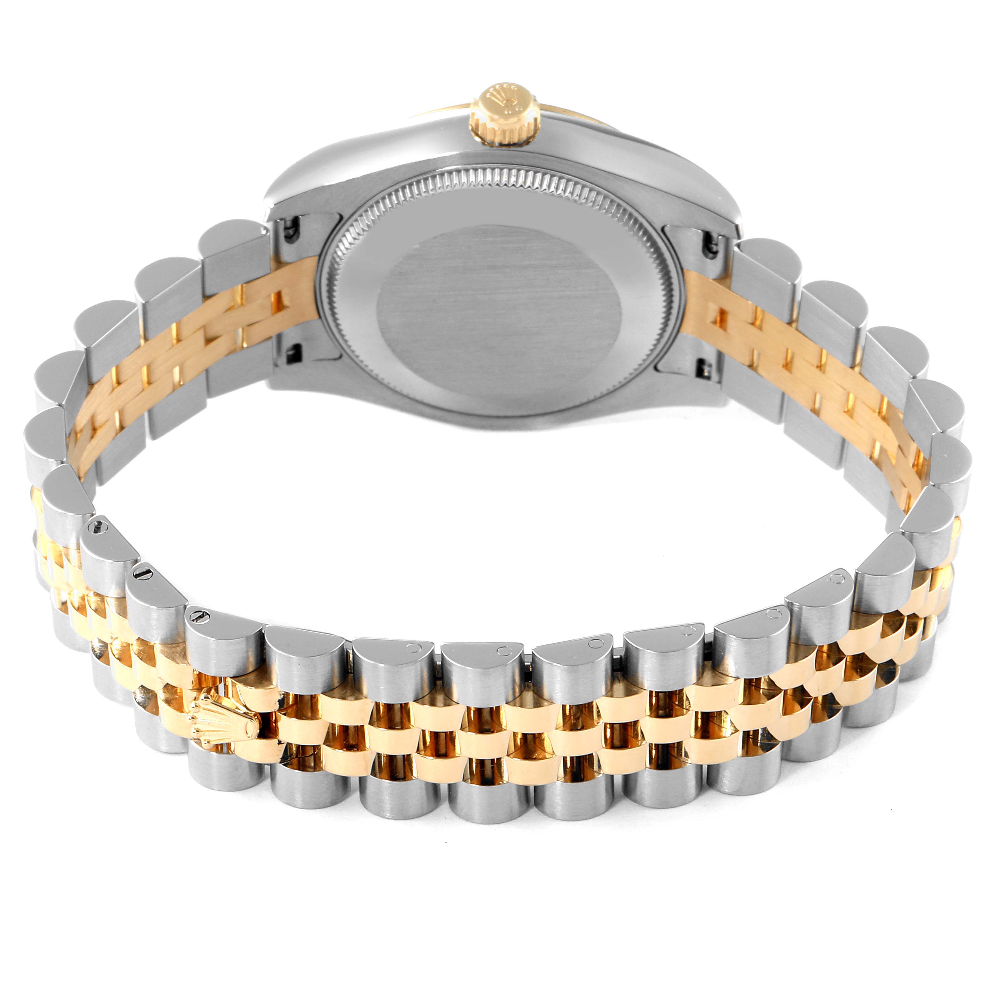 This image shows the back case and bracelet of a Rolex Mid-Size 178273 Women
s Steel and Gold (two tone) Silver Dial 178273 Women
s Steel and Gold (two tone) Silver Dial watch, featuring a silver and gold two-tone design.