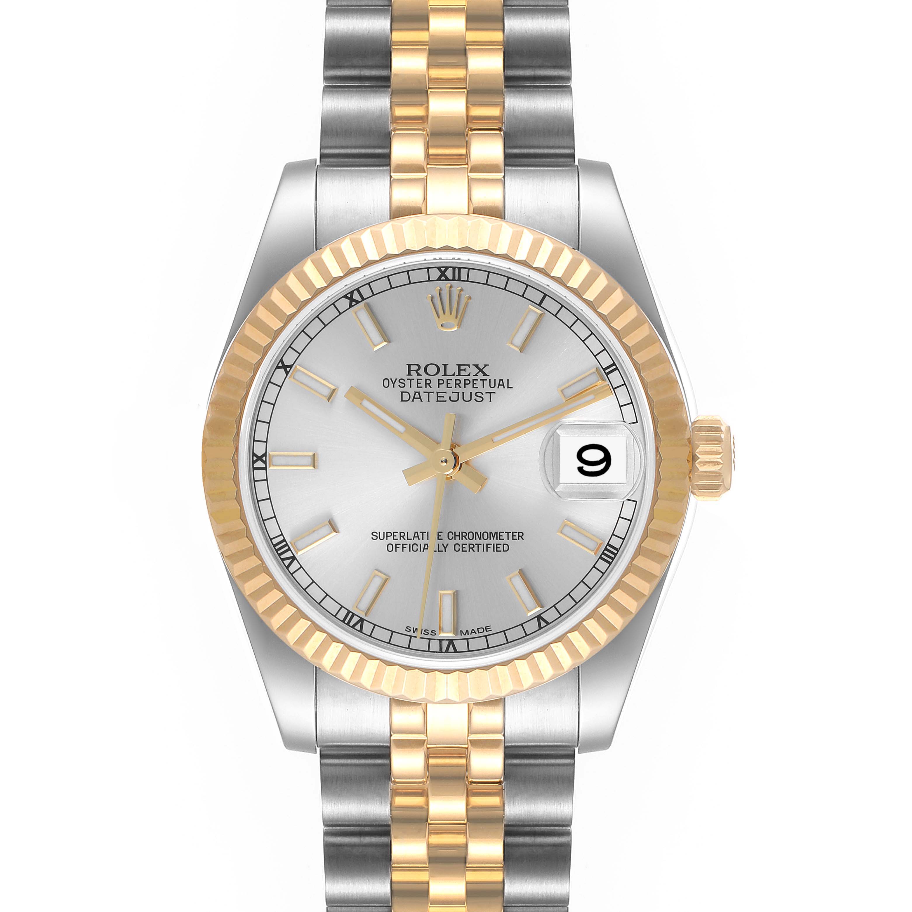 This image shows a frontal view of a Rolex Oyster Perpetual Datejust Mid-Size watch, highlighting its dial, bezel, and bracelet.
