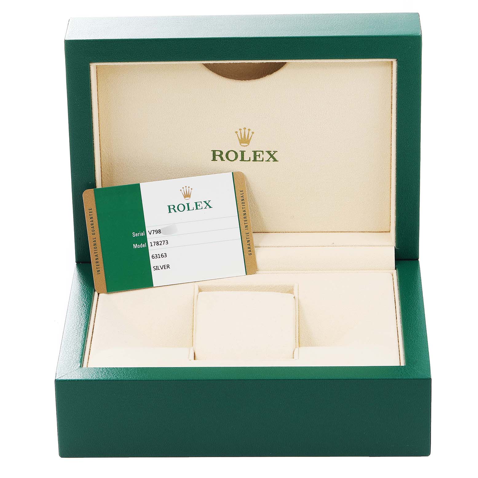 The image shows a Rolex Mid-Size 178273 Women
s Steel and Gold (two tone) Silver Dial 178273 Women
s Steel and Gold (two tone) Silver Dial model watch case with a display card inside, viewed from the front.