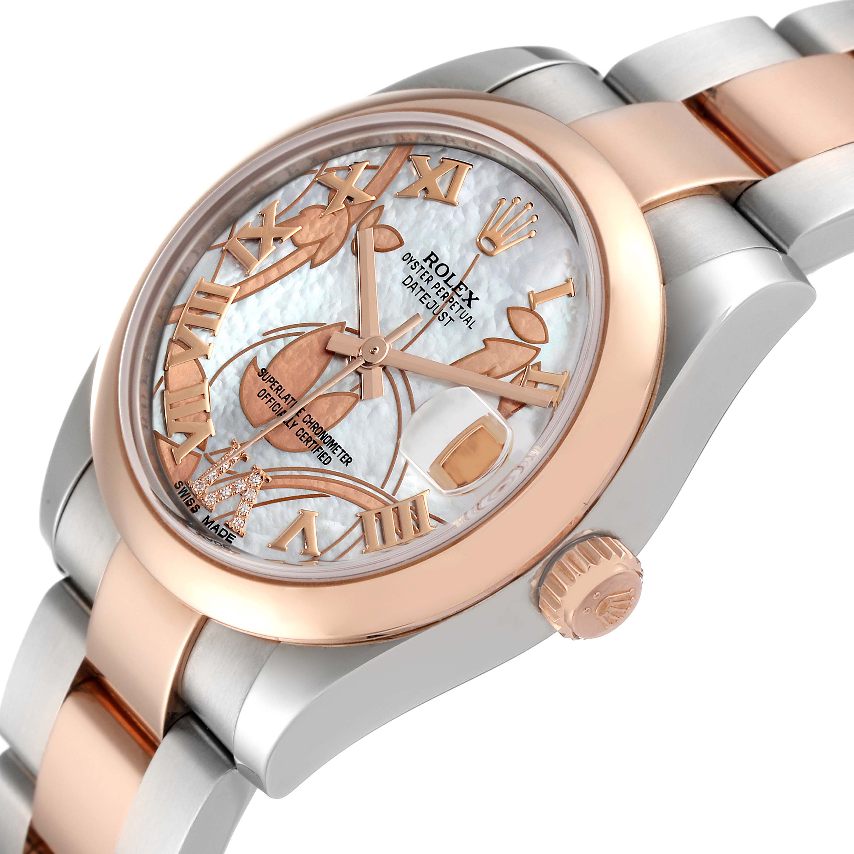 The image shows a Rolex Mid-Size 178241 Women's Steel and Gold (two tone) Mother of Pearl Dial 178241 Women's Steel and Gold (two tone) Mother of Pearl Dial watch at an angle highlighting the bracelet, bezel, crown, and detailed dial.