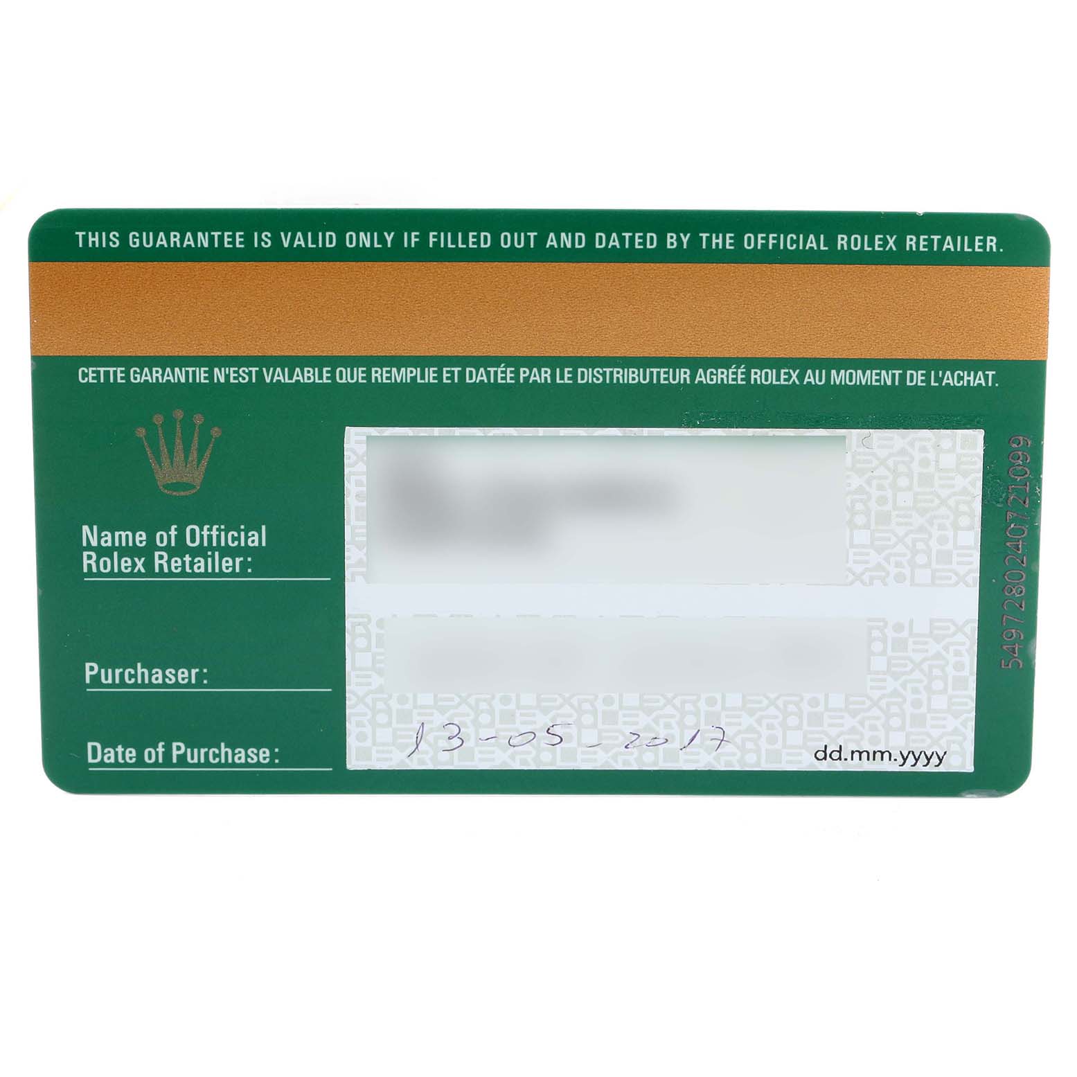 This image shows the guarantee card for a mid-size Rolex watch, viewed from the front.