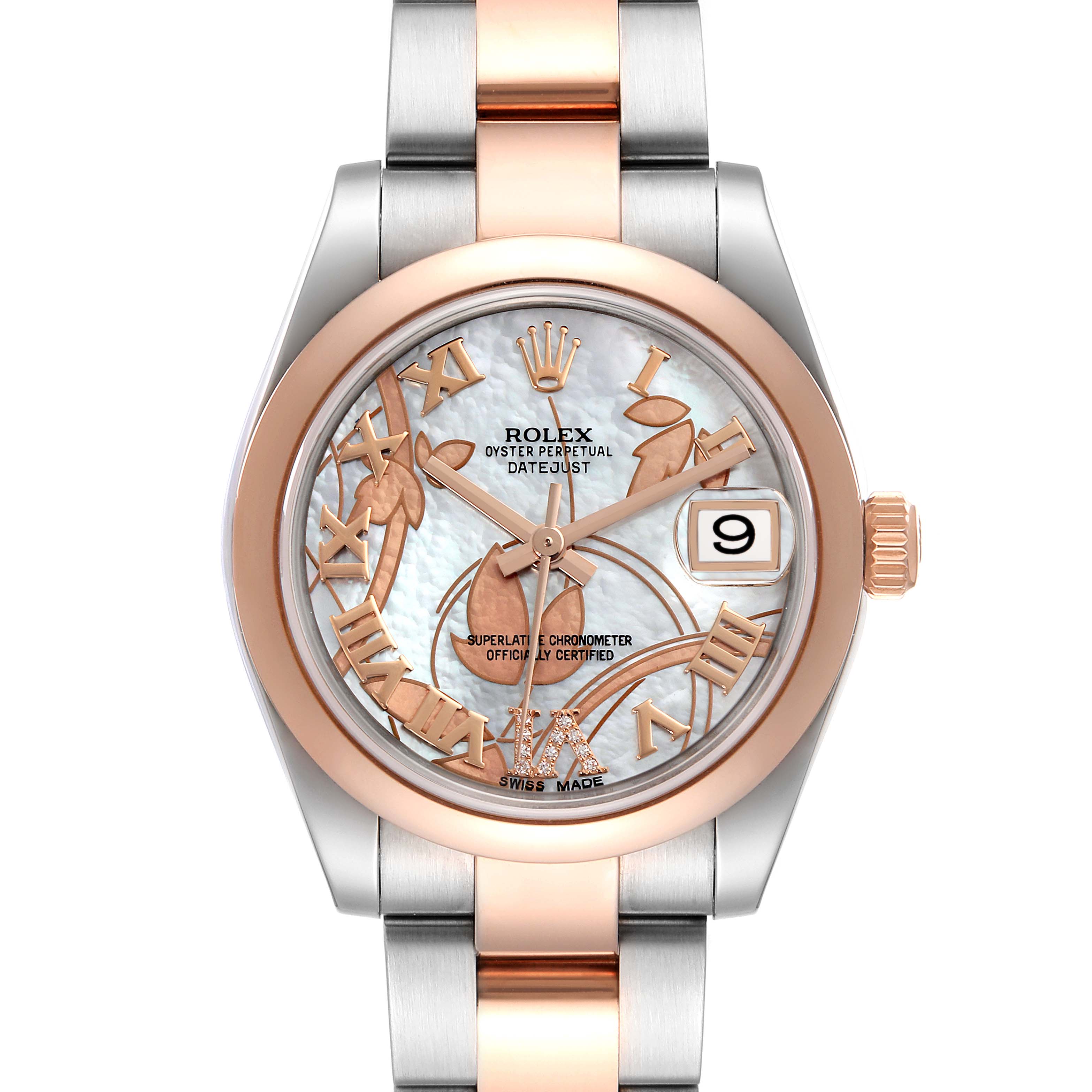 The image shows a front view of the Rolex Mid-Size 178241 Women's Steel and Gold (two tone) Mother of Pearl Dial 178241 Women's Steel and Gold (two tone) Mother of Pearl Dial Oyster Perpetual Datejust watch, highlighting its dial, bezel, and bracelet.