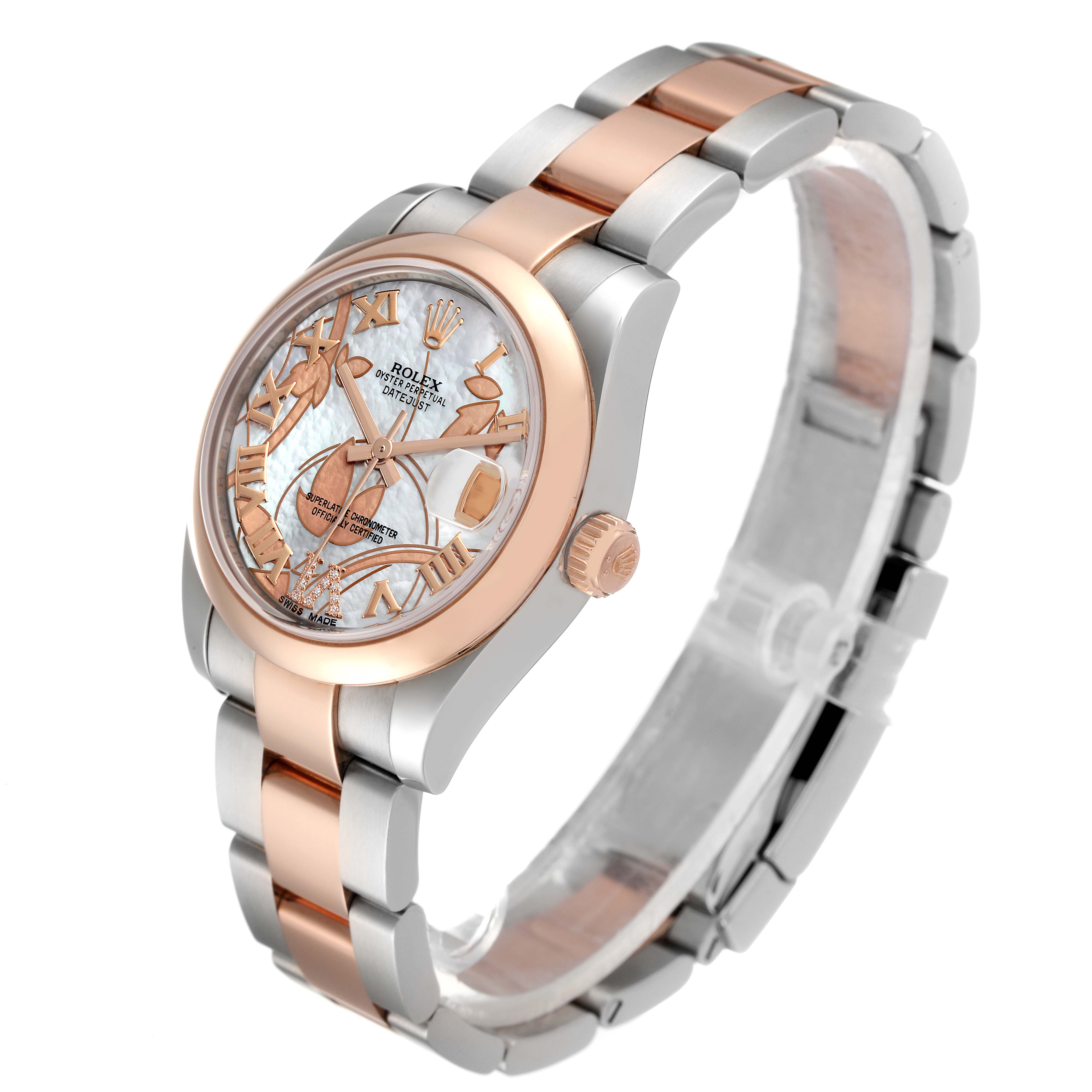 This image shows a Rolex Mid-Size 178241 Women's Steel and Gold (two tone) Mother of Pearl Dial 178241 Women's Steel and Gold (two tone) Mother of Pearl Dial watch at a slight side angle, highlighting its face, bezel, and two-tone bracelet.