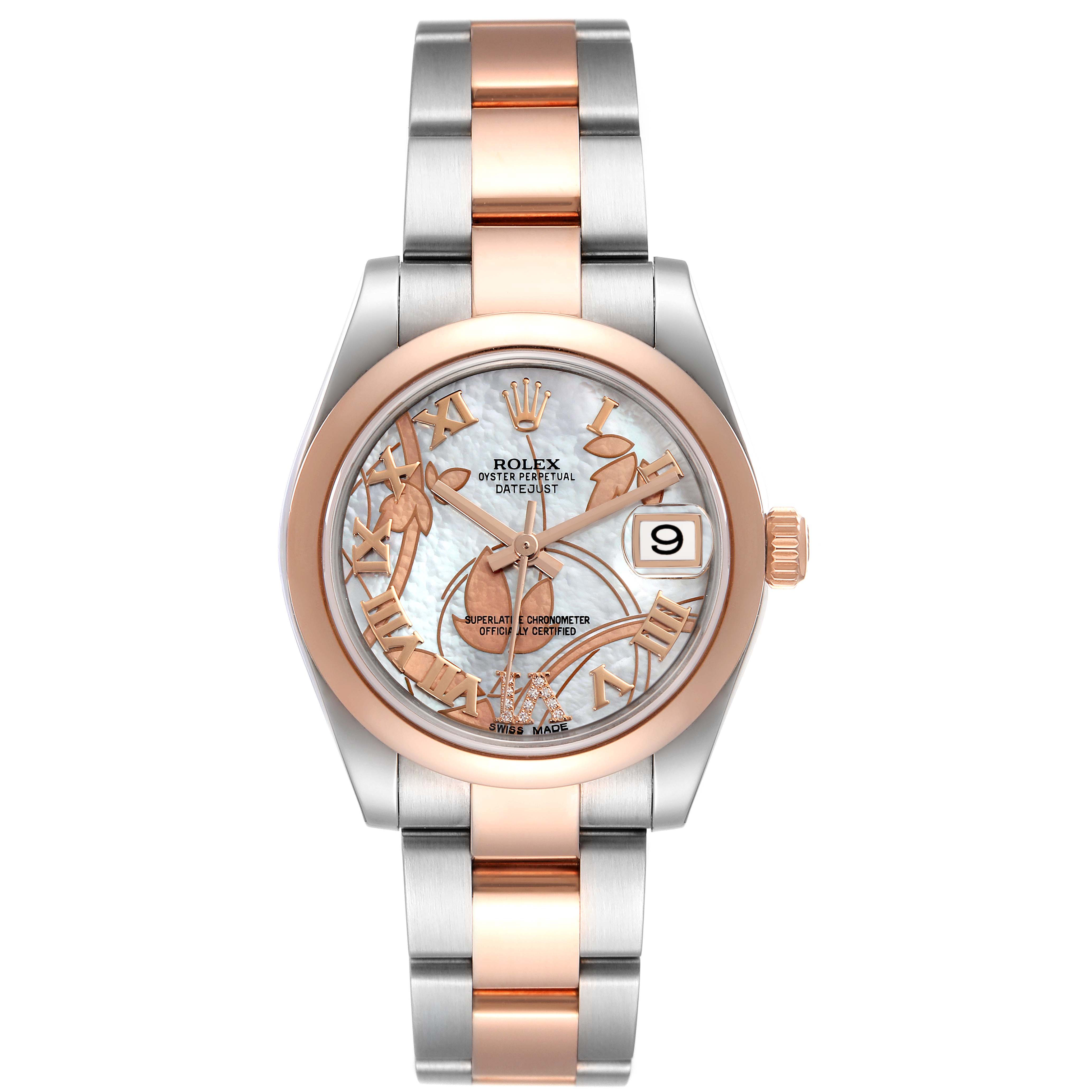 The image shows a front view of a Rolex Oyster Perpetual Datejust Mid-Size watch with two-tone rose gold and silver accents.