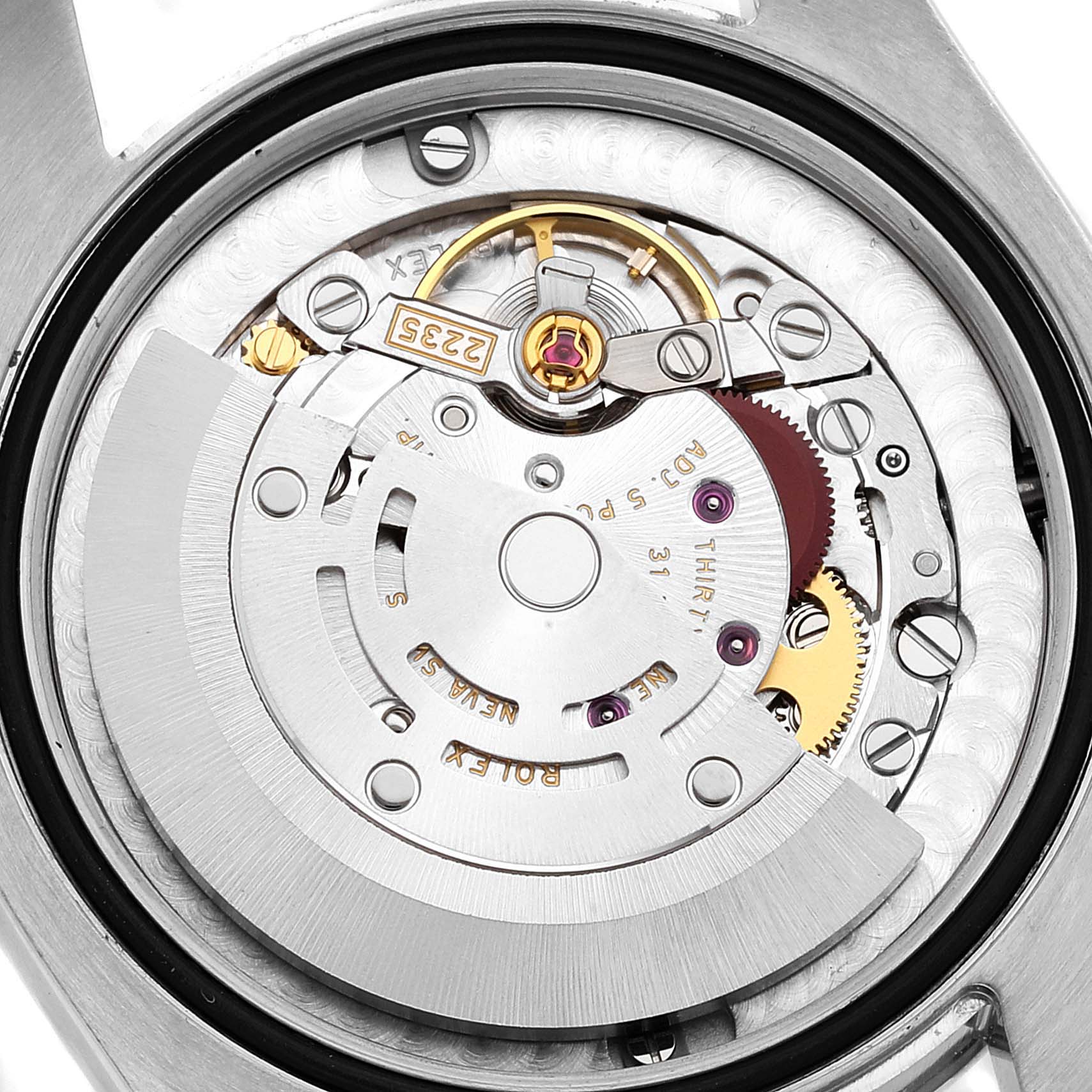 This image shows the detailed view of the internal mechanism components of a Rolex Mid-Size 178241 Women's Steel and Gold (two tone) Mother of Pearl Dial 178241 Women's Steel and Gold (two tone) Mother of Pearl Dial model watch.