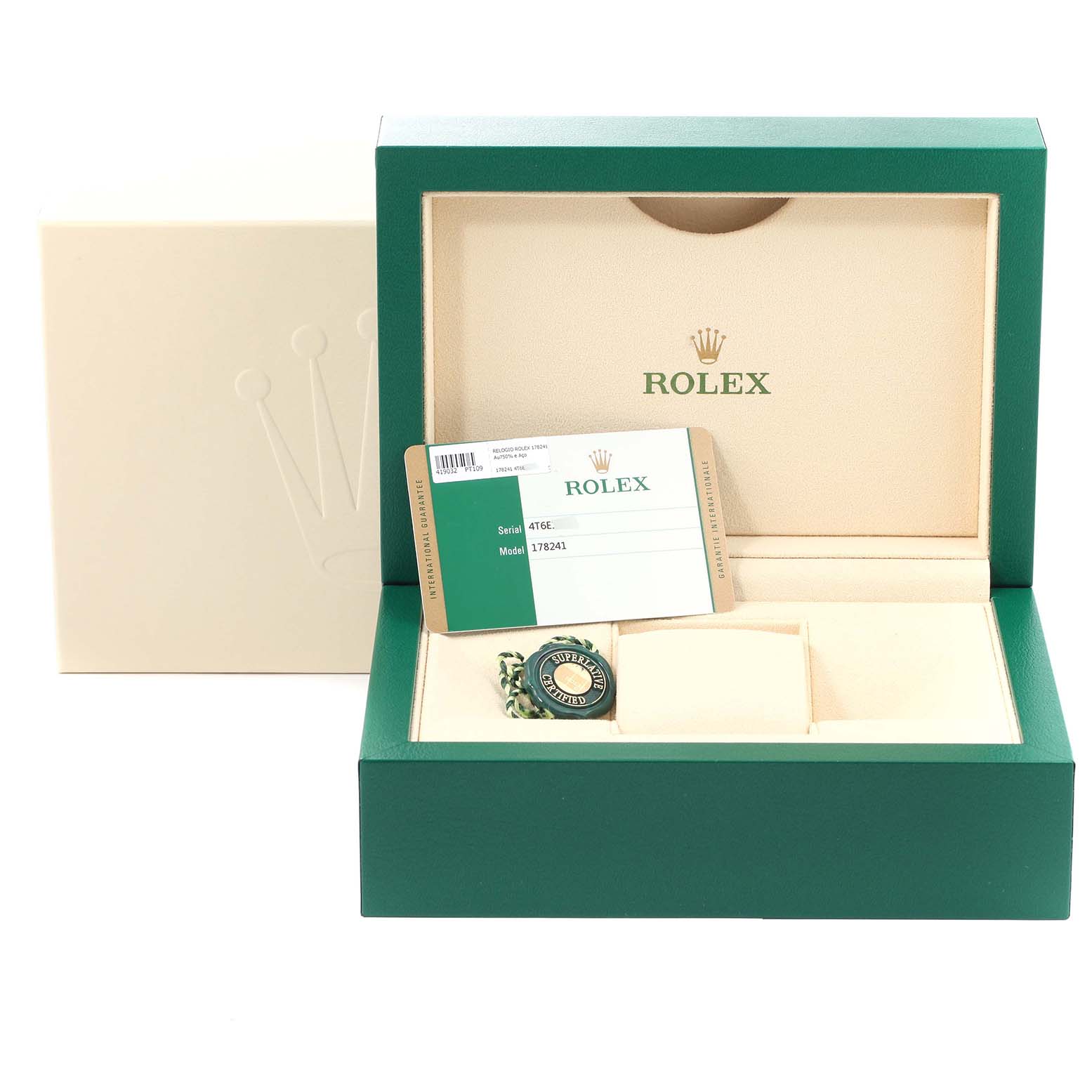 The image shows an open Rolex Mid-Size 178241 Women's Steel and Gold (two tone) Mother of Pearl Dial 178241 Women's Steel and Gold (two tone) Mother of Pearl Dial model watch box with a warranty card and a hang tag inside.