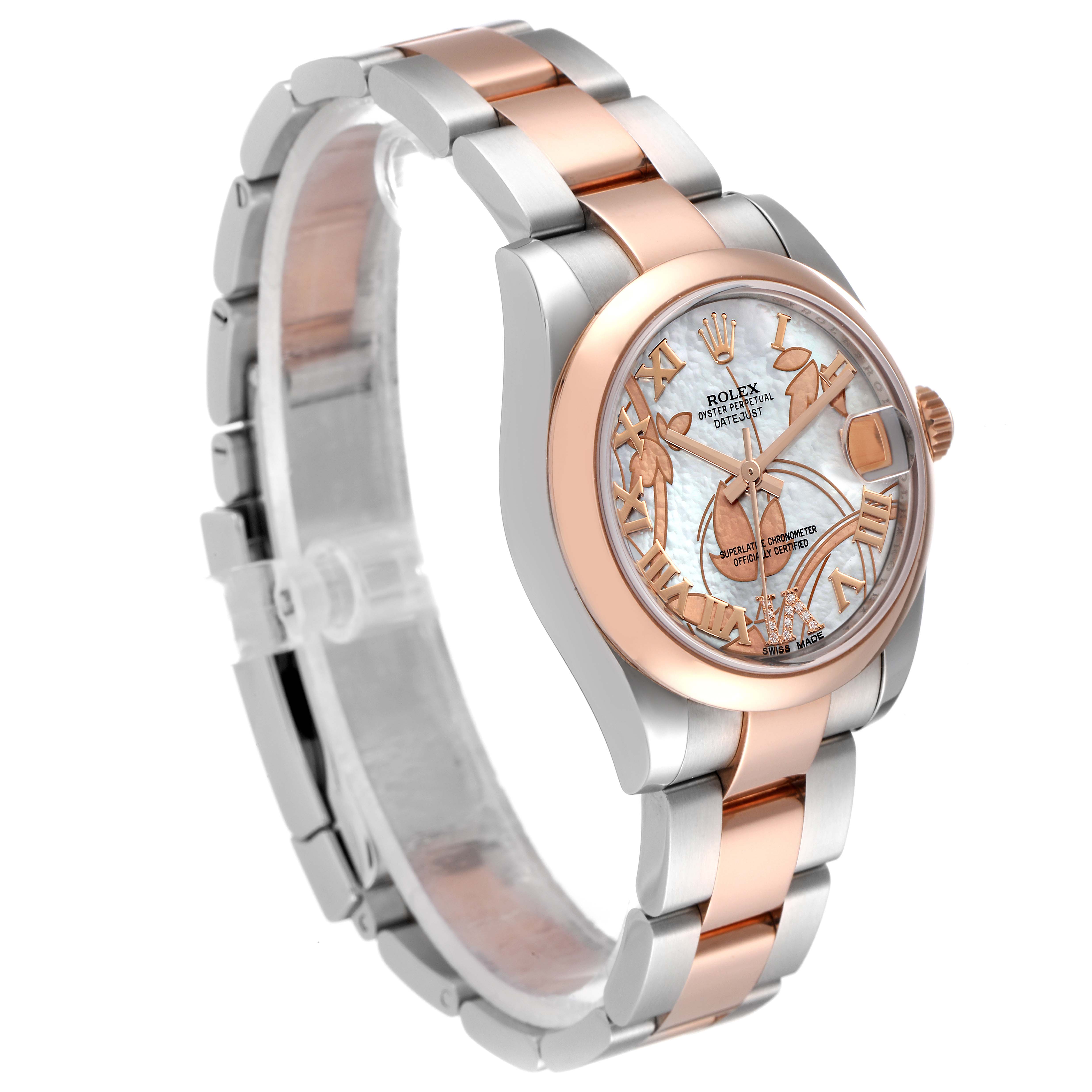 This Rolex Mid-Size 178241 Women's Steel and Gold (two tone) Mother of Pearl Dial 178241 Women's Steel and Gold (two tone) Mother of Pearl Dial model watch is shown at a slight left side angle, highlighting the bezel, dial, and bracelet.