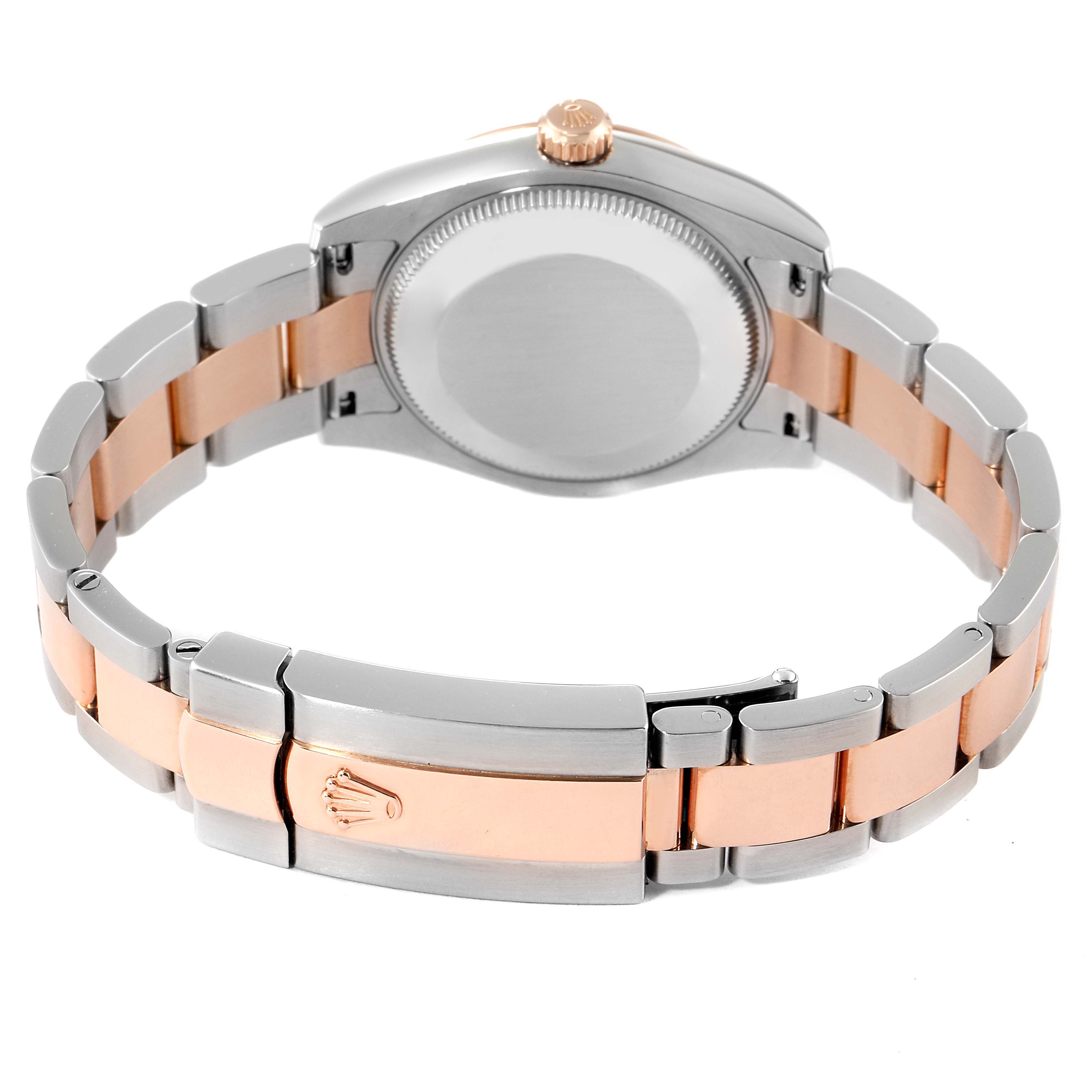 The image shows the back view of a Rolex Mid-Size 178241 Women's Steel and Gold (two tone) Mother of Pearl Dial 178241 Women's Steel and Gold (two tone) Mother of Pearl Dial model watch, highlighting the case back, bracelet, and clasp.