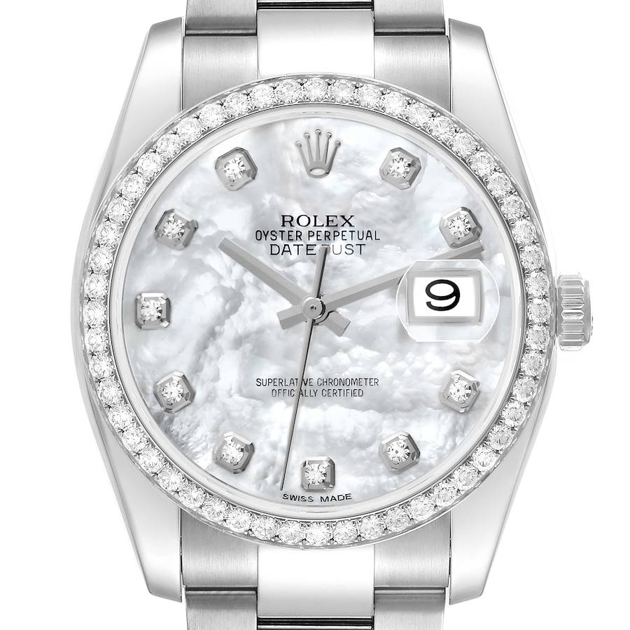 The Rolex Datejust watch is shown from the front, highlighting the diamond bezel, mother-of-pearl dial, and Cyclops date window.