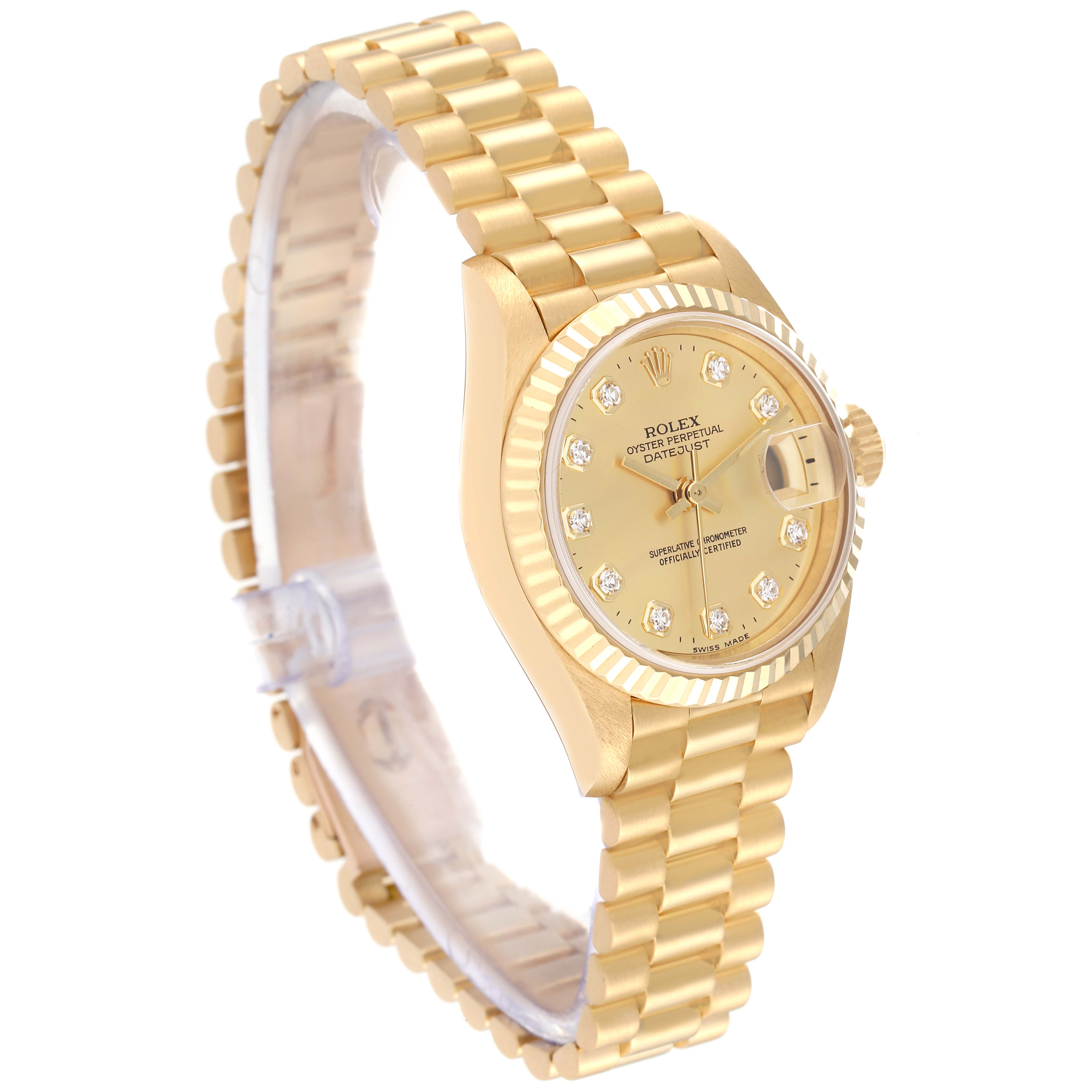 The Rolex President 69178 Women
s Yellow Gold Champagne Dial 69178 Women
s Yellow Gold Champagne Dial model watch is shown at a three-quarter angle, highlighting the gold band, dial, and fluted bezel.