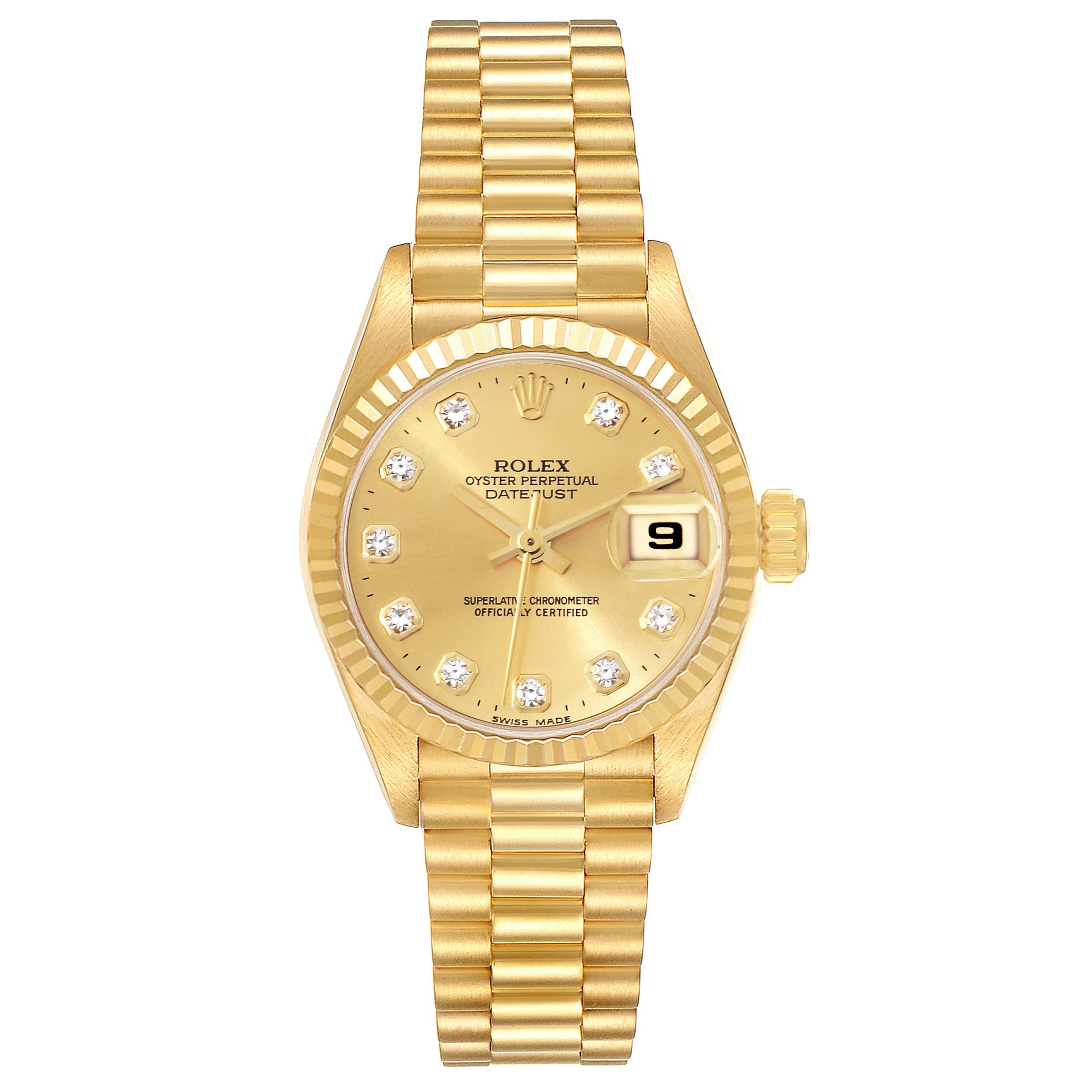 The image shows a Rolex President 69178 Women
s Yellow Gold Champagne Dial 69178 Women
s Yellow Gold Champagne Dial model watch head-on, displaying its gold band, dial, and date magnifier.