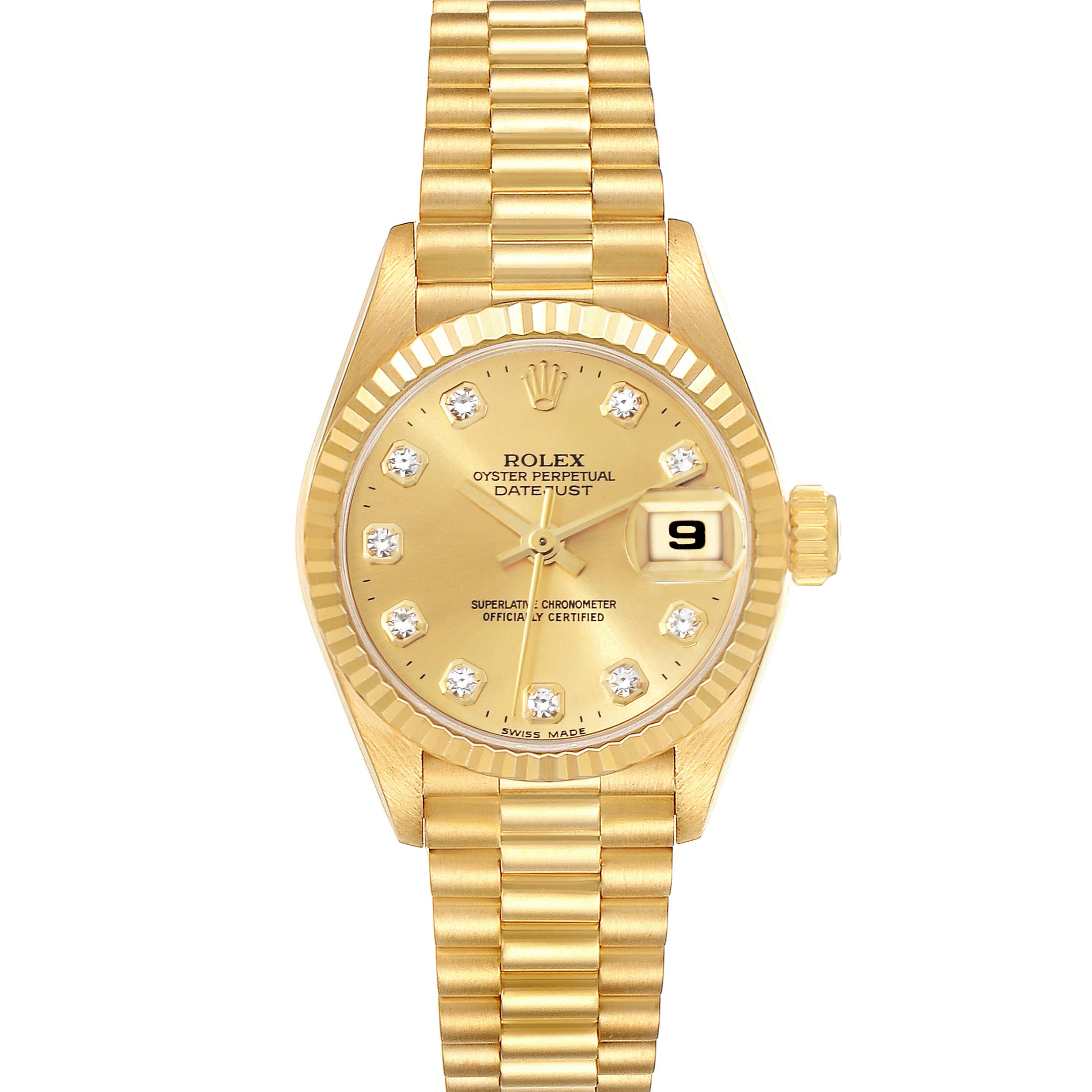 The image shows a frontal view of a Rolex President 69178 Women
s Yellow Gold Champagne Dial 69178 Women
s Yellow Gold Champagne Dial model watch, displaying its gold dial, diamond hour markers, and date window.