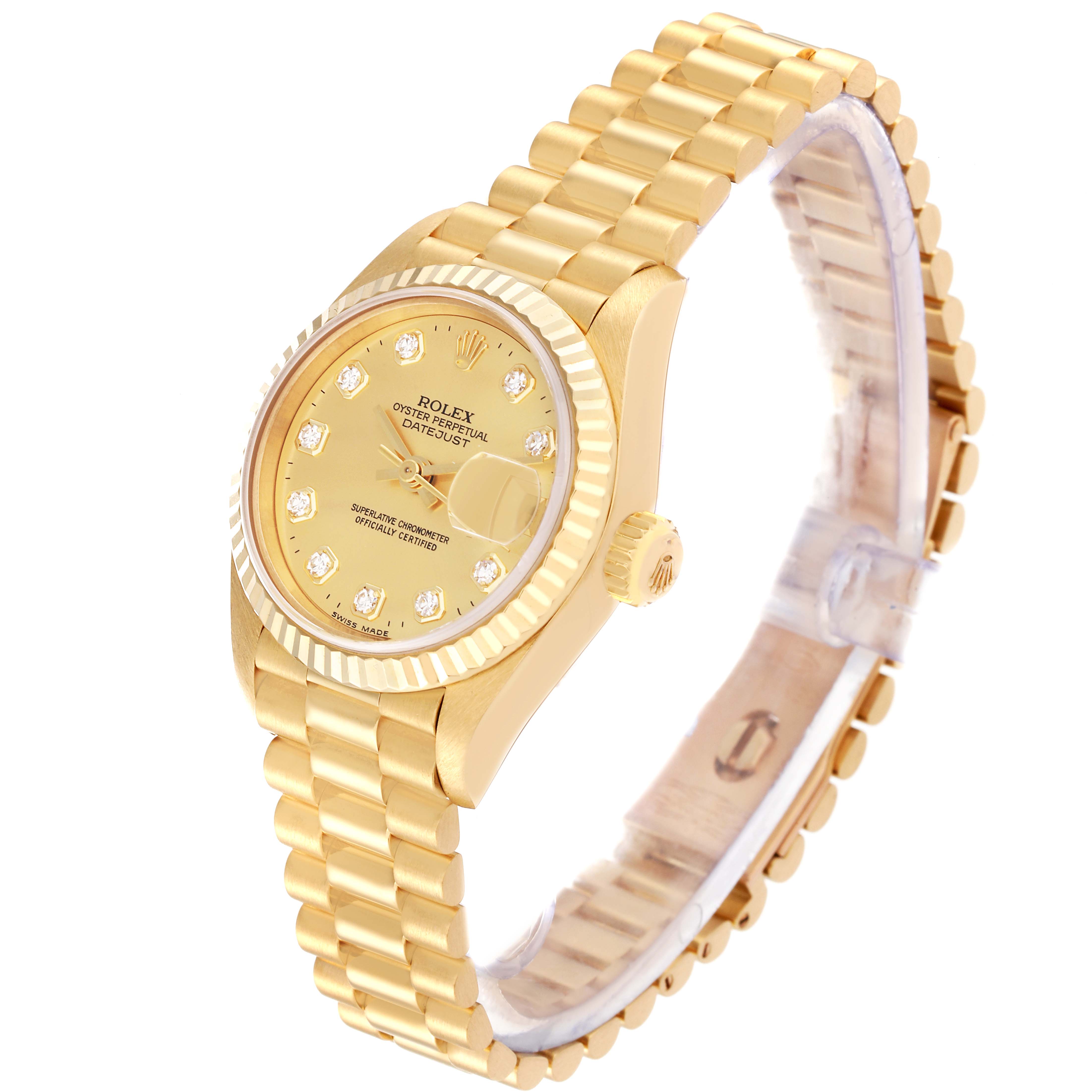 This image shows a side view of a Rolex President 69178 Women
s Yellow Gold Champagne Dial 69178 Women
s Yellow Gold Champagne Dial model with a gold bezel, crown, and bracelet.