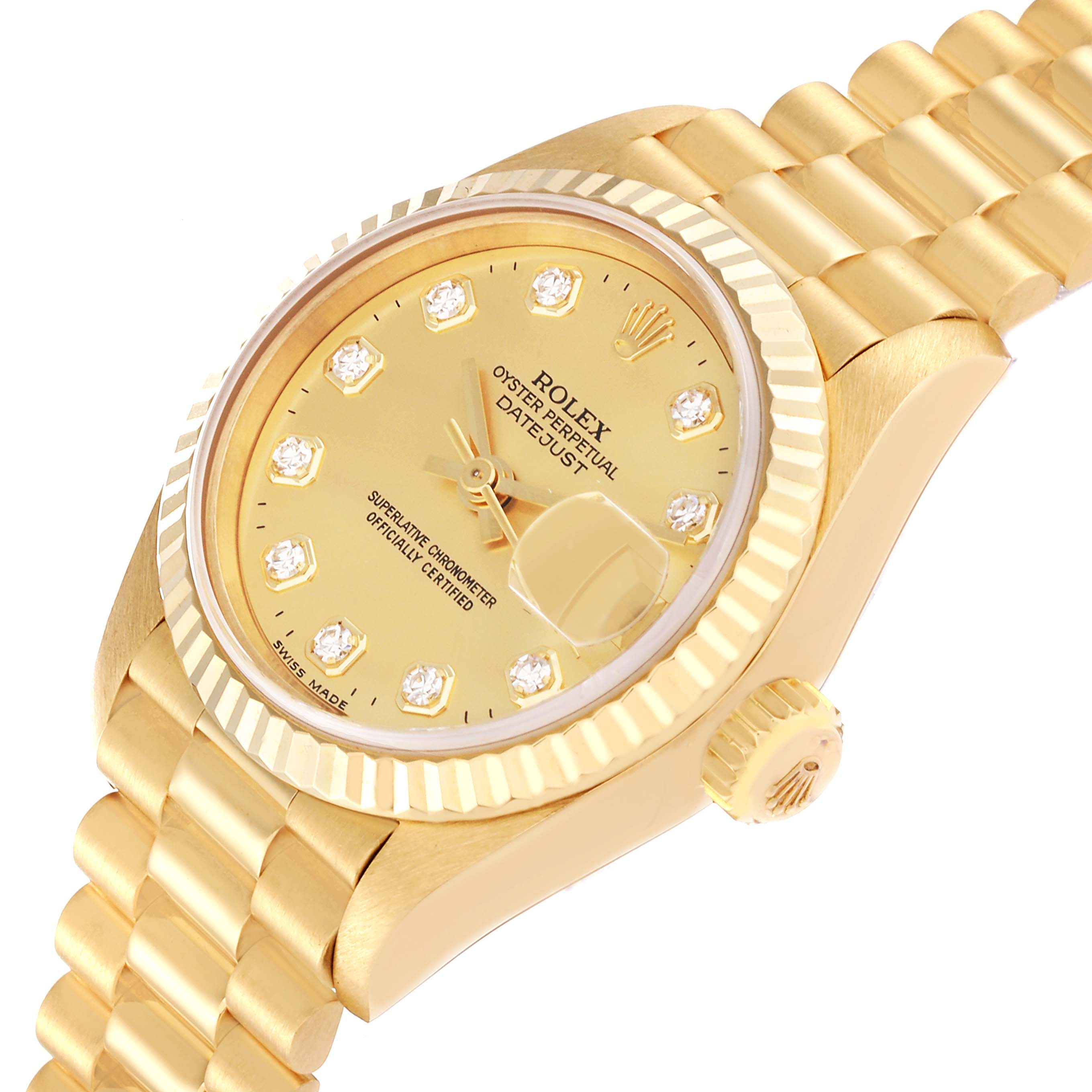 The image showcases a side angle of a Rolex President 69178 Women
s Yellow Gold Champagne Dial 69178 Women
s Yellow Gold Champagne Dial model watch, highlighting its gold case, bracelet, bezel, crown, and dial.
