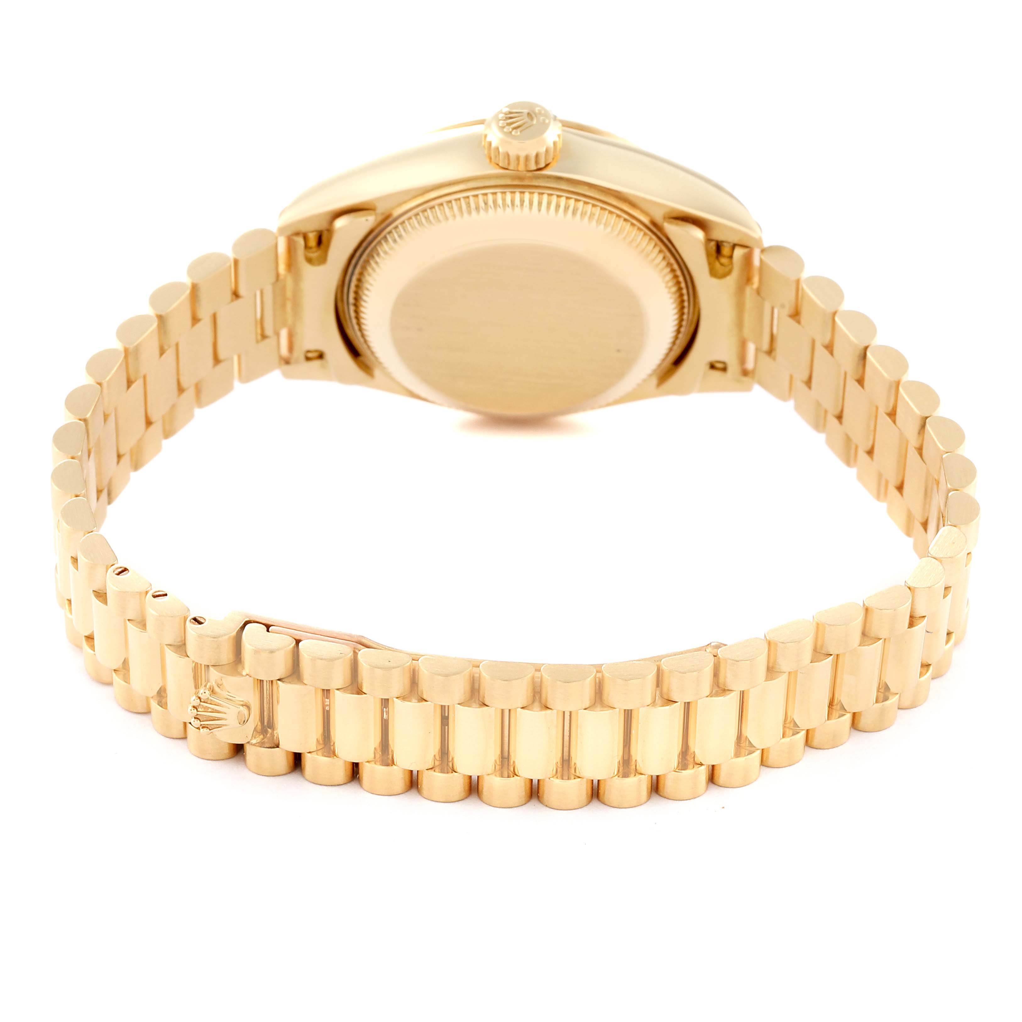 This image shows the back case and bracelet of a Rolex President 69178 Women
s Yellow Gold Champagne Dial 69178 Women
s Yellow Gold Champagne Dial model watch, viewed from the rear.