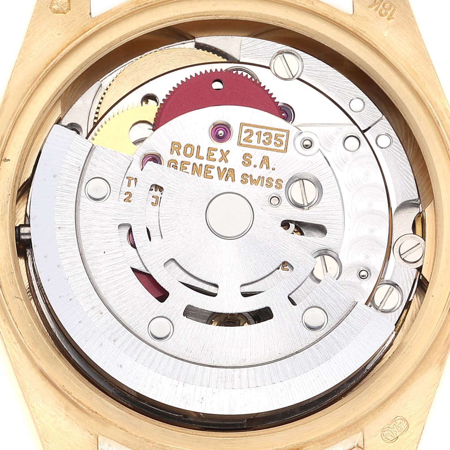 The image shows a close-up of the Rolex President 69178 Women
s Yellow Gold Champagne Dial 69178 Women
s Yellow Gold Champagne Dial model
s internal mechanical movement and components.