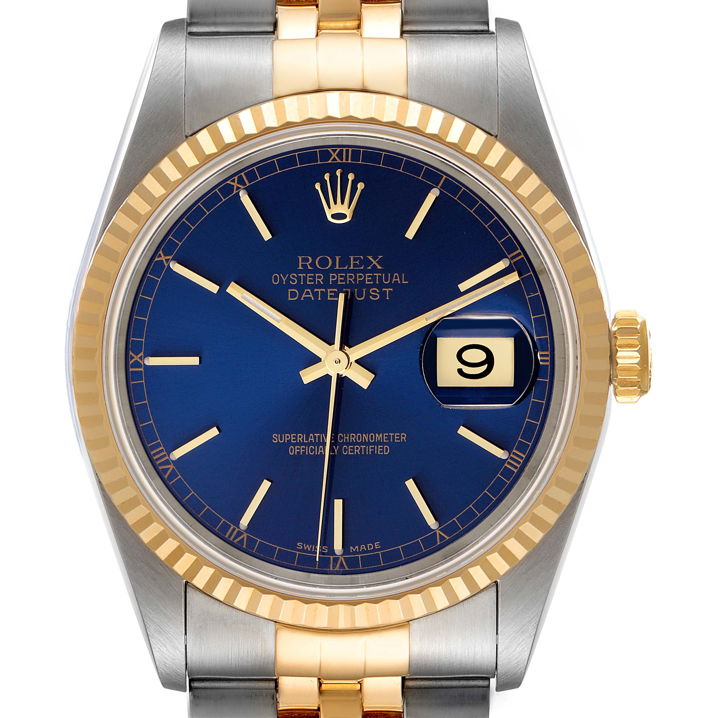 This image shows a Rolex Datejust 16233 Men's Steel and Gold (two tone) Blue Dial 16233 Men's Steel and Gold (two tone) Blue Dial watch from the front, highlighting the blue dial, gold fluted bezel, and date window at 3 o'clock.