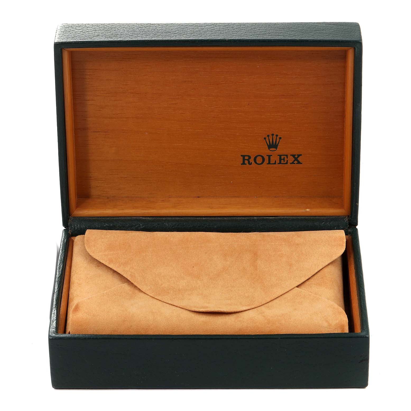 This image shows a Rolex Datejust 16233 Men's Steel and Gold (two tone) Blue Dial 16233 Men's Steel and Gold (two tone) Blue Dial watch box containing a suede pouch, viewed from the front.