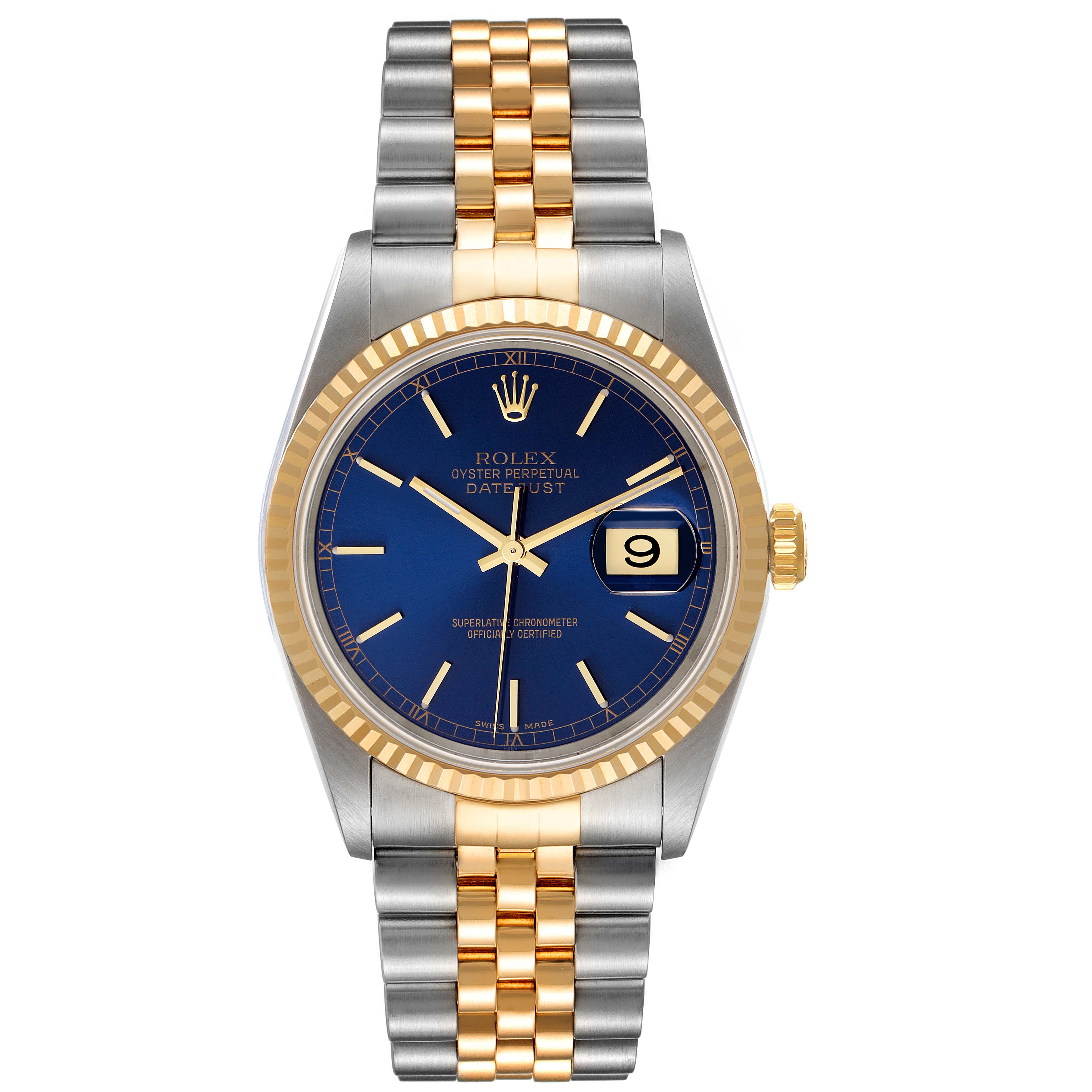 This image shows a frontal view of a Rolex Datejust 16233 Men's Steel and Gold (two tone) Blue Dial 16233 Men's Steel and Gold (two tone) Blue Dial watch, highlighting its blue dial, gold fluted bezel, and two-tone jubilee bracelet.