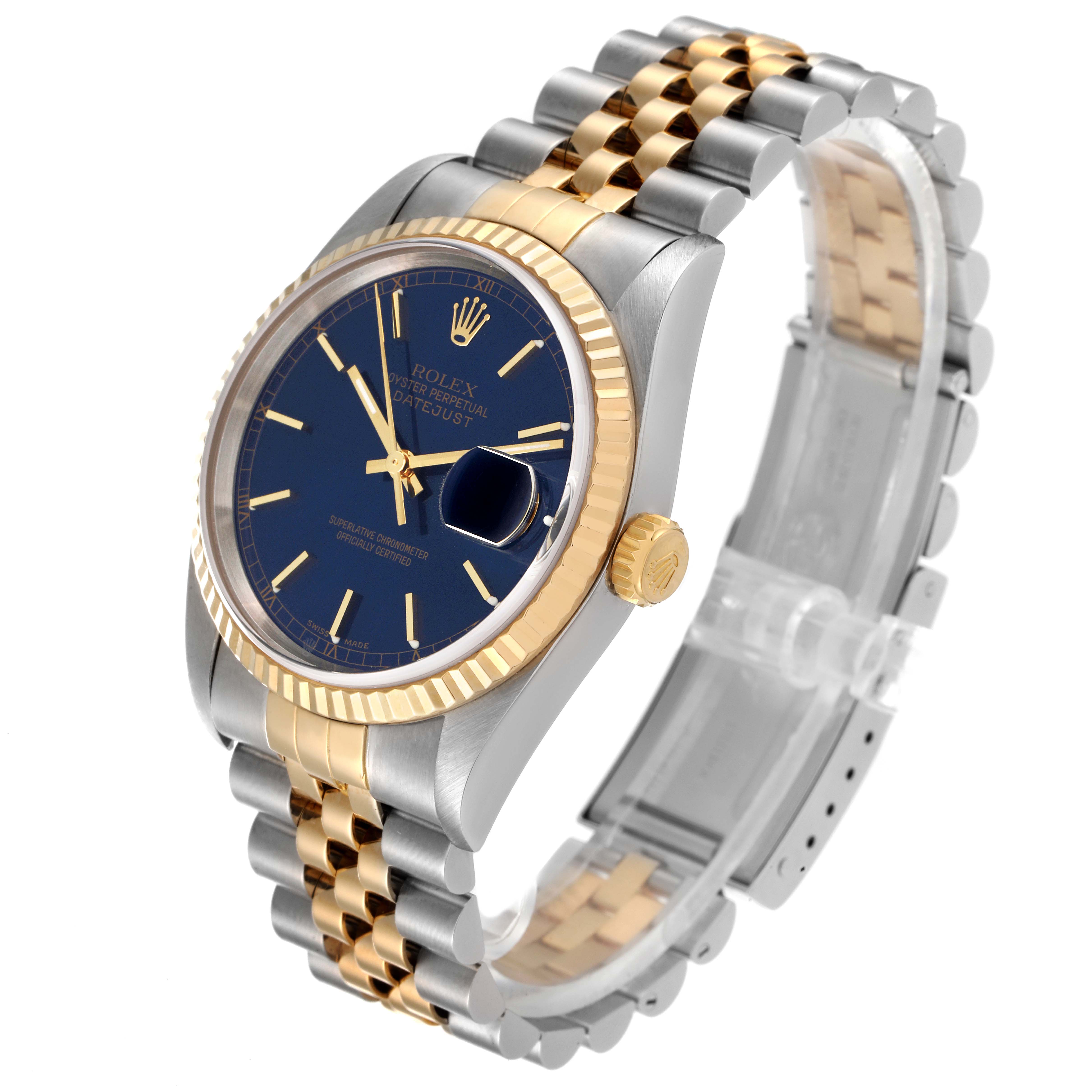 This image shows a Rolex Datejust 16233 Men's Steel and Gold (two tone) Blue Dial 16233 Men's Steel and Gold (two tone) Blue Dial watch at a three-quarter angle, highlighting the case, dial, bezel, and bracelet.