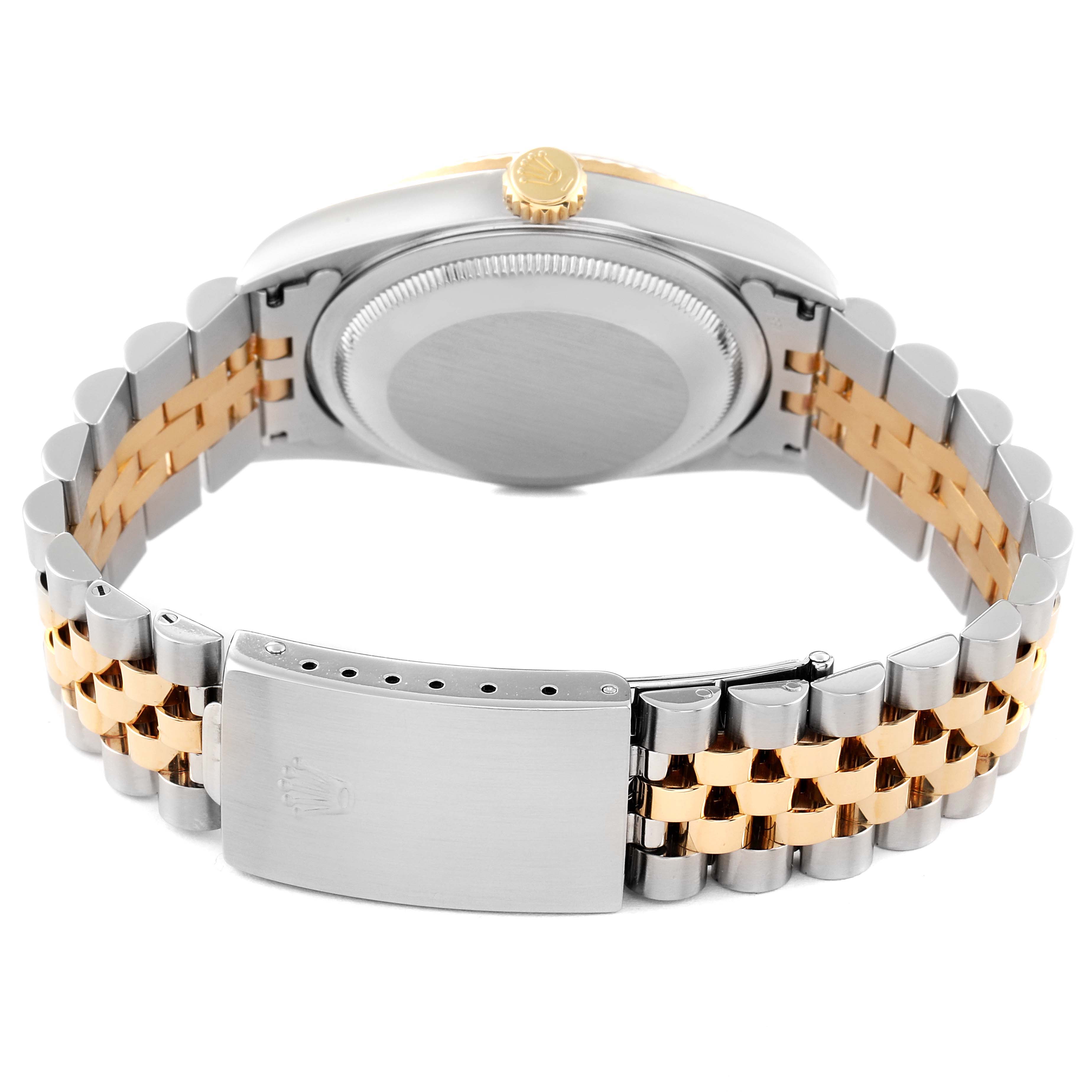 The image shows the back view of a Rolex Datejust 16233 Men's Steel and Gold (two tone) Blue Dial 16233 Men's Steel and Gold (two tone) Blue Dial watch, focusing on the case back, crown, and two-tone Jubilee bracelet with a clasp.