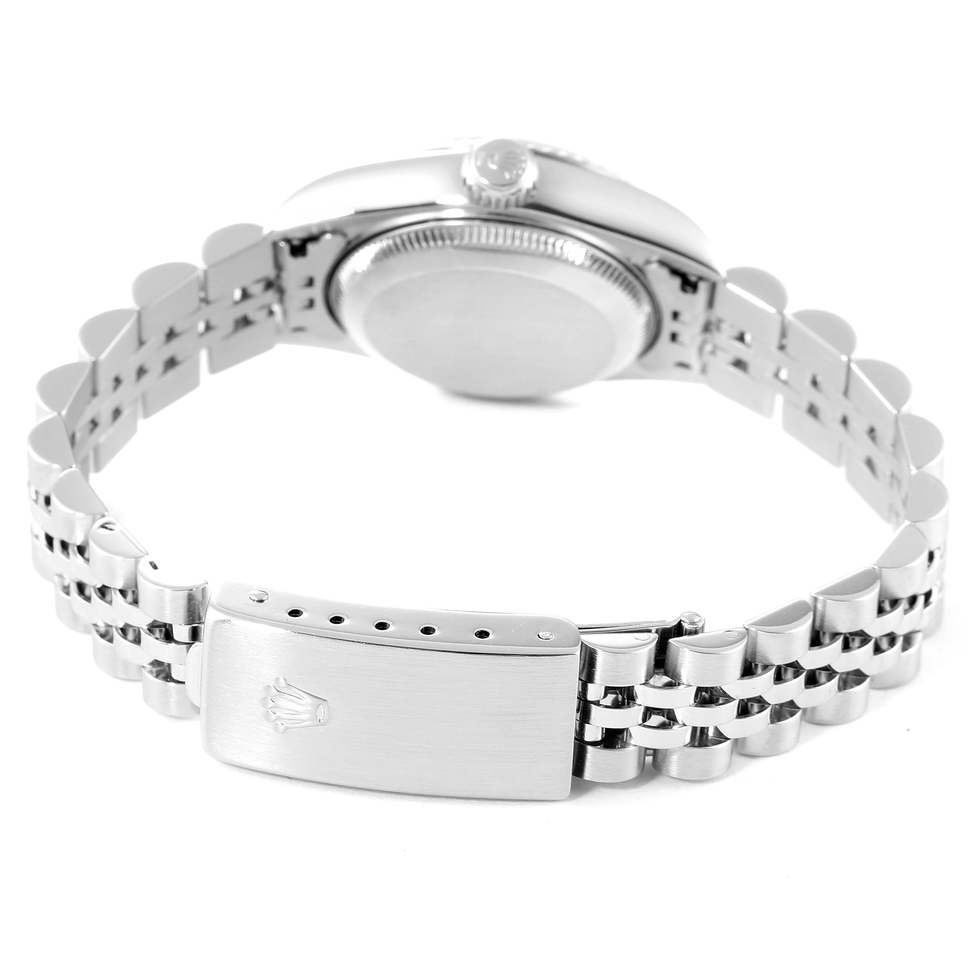 This image shows the back view of the Rolex Datejust 79174 Women's Stainless Steel Black Dial 79174 Women's Stainless Steel Black Dial watch, highlighting the clasp and part of the bracelet.