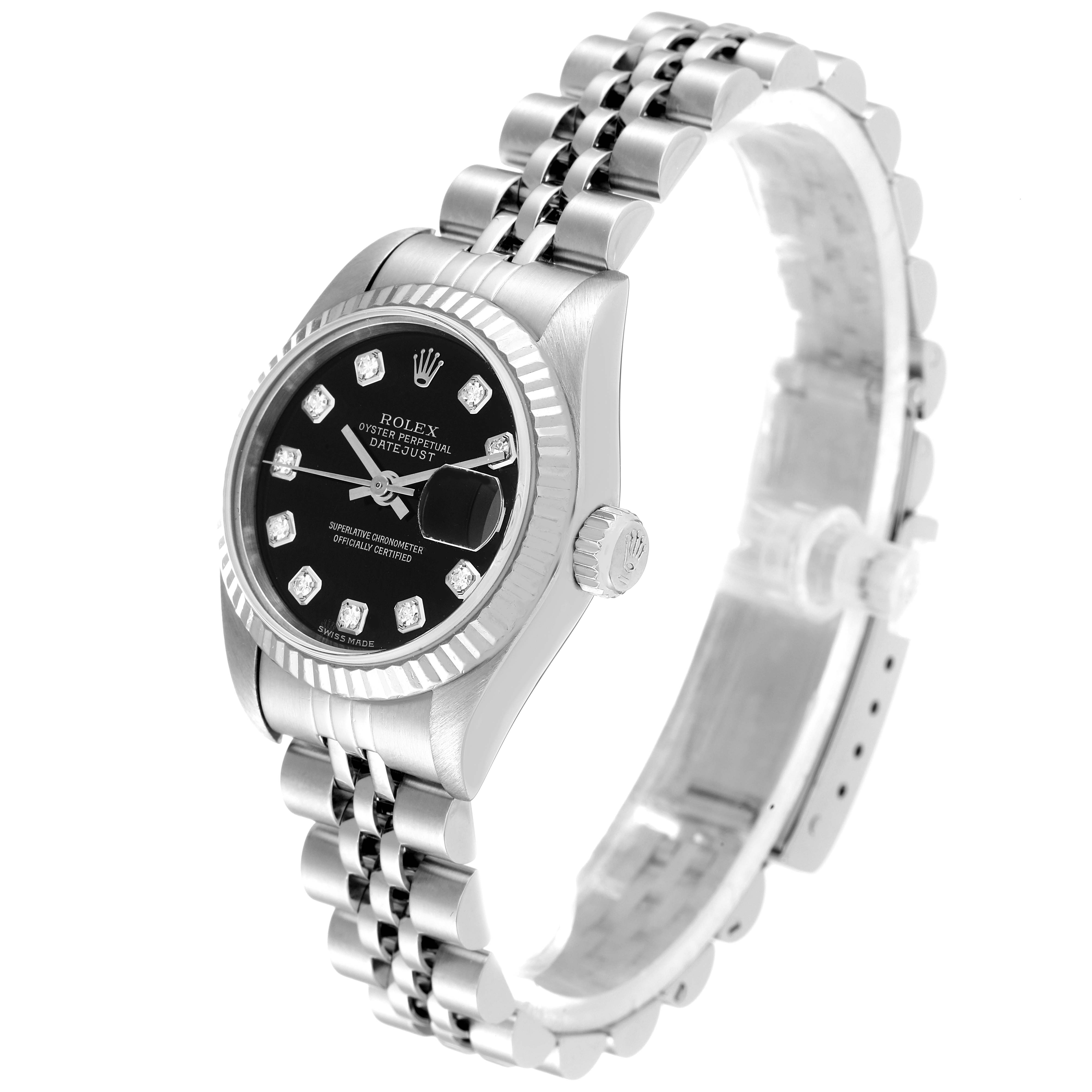 The Rolex Datejust 79174 Women's Stainless Steel Black Dial 79174 Women's Stainless Steel Black Dial watch is shown at an angle displaying the face, bezel, crown, and part of the bracelet.