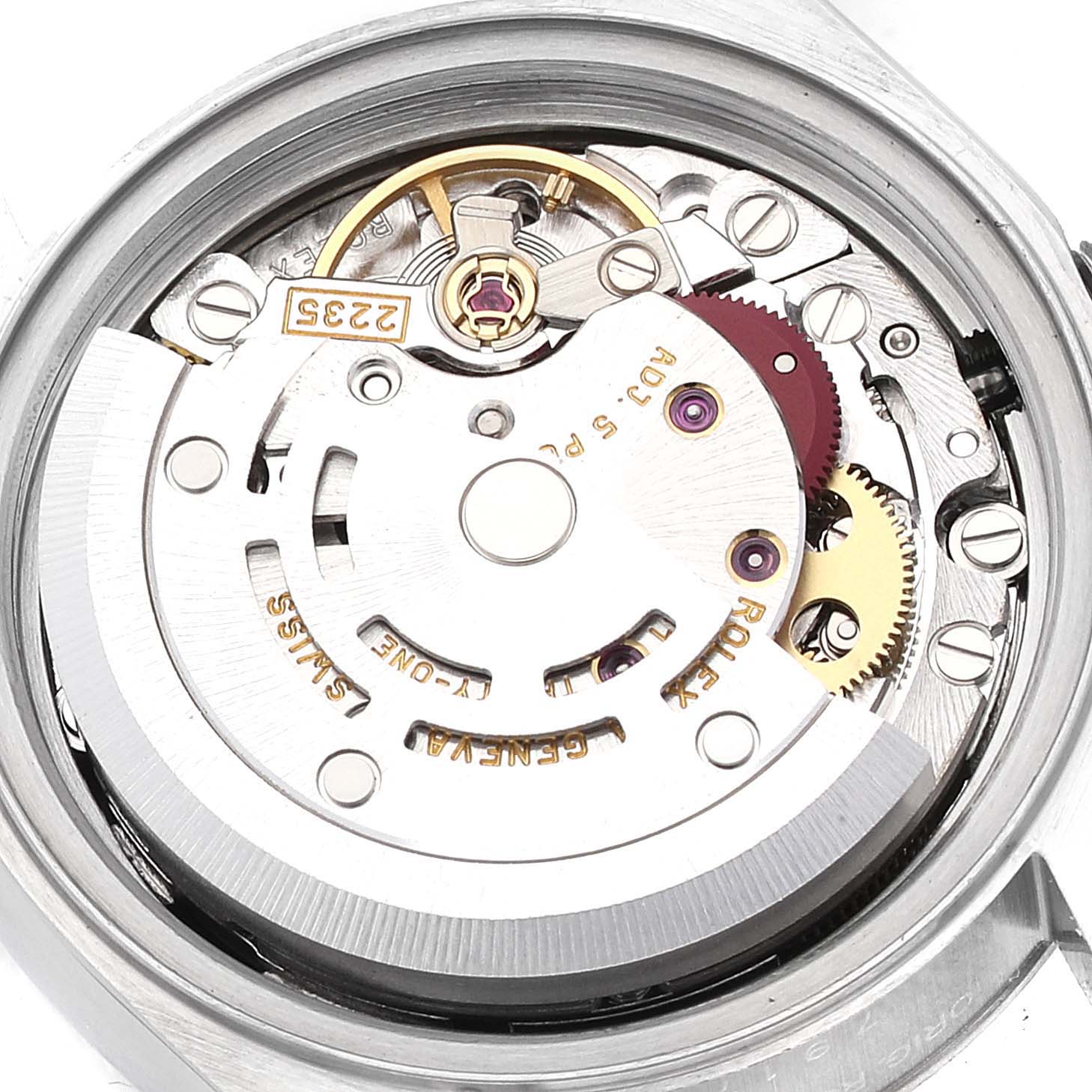 This image shows a close-up of the movement and internal components of the Rolex Datejust 79174 Women's Stainless Steel Black Dial 79174 Women's Stainless Steel Black Dial watch from the back.