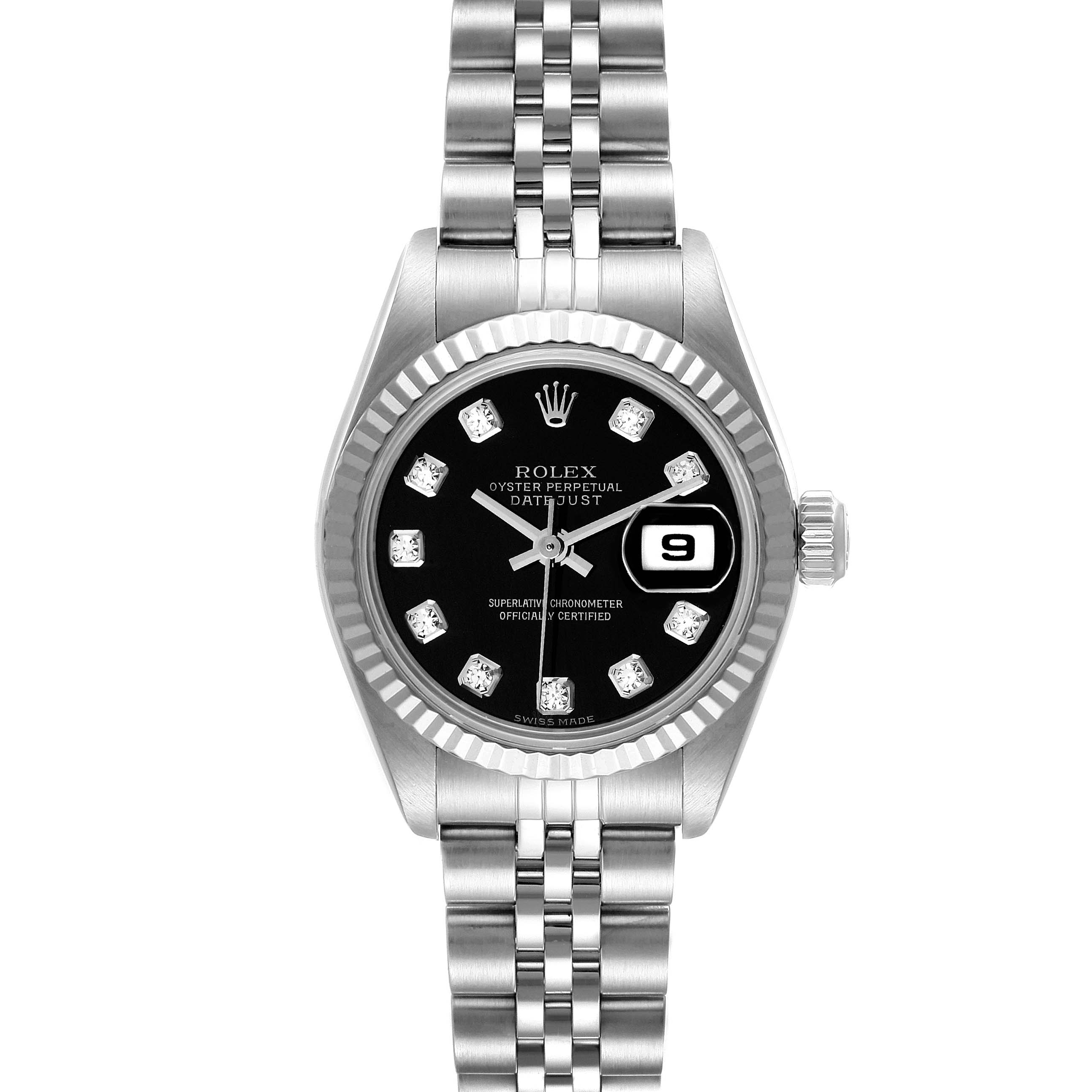 This Rolex Datejust 79174 Women's Stainless Steel Black Dial 79174 Women's Stainless Steel Black Dial watch is shown from a straight-on angle, displaying the face, bezel, and bracelet.