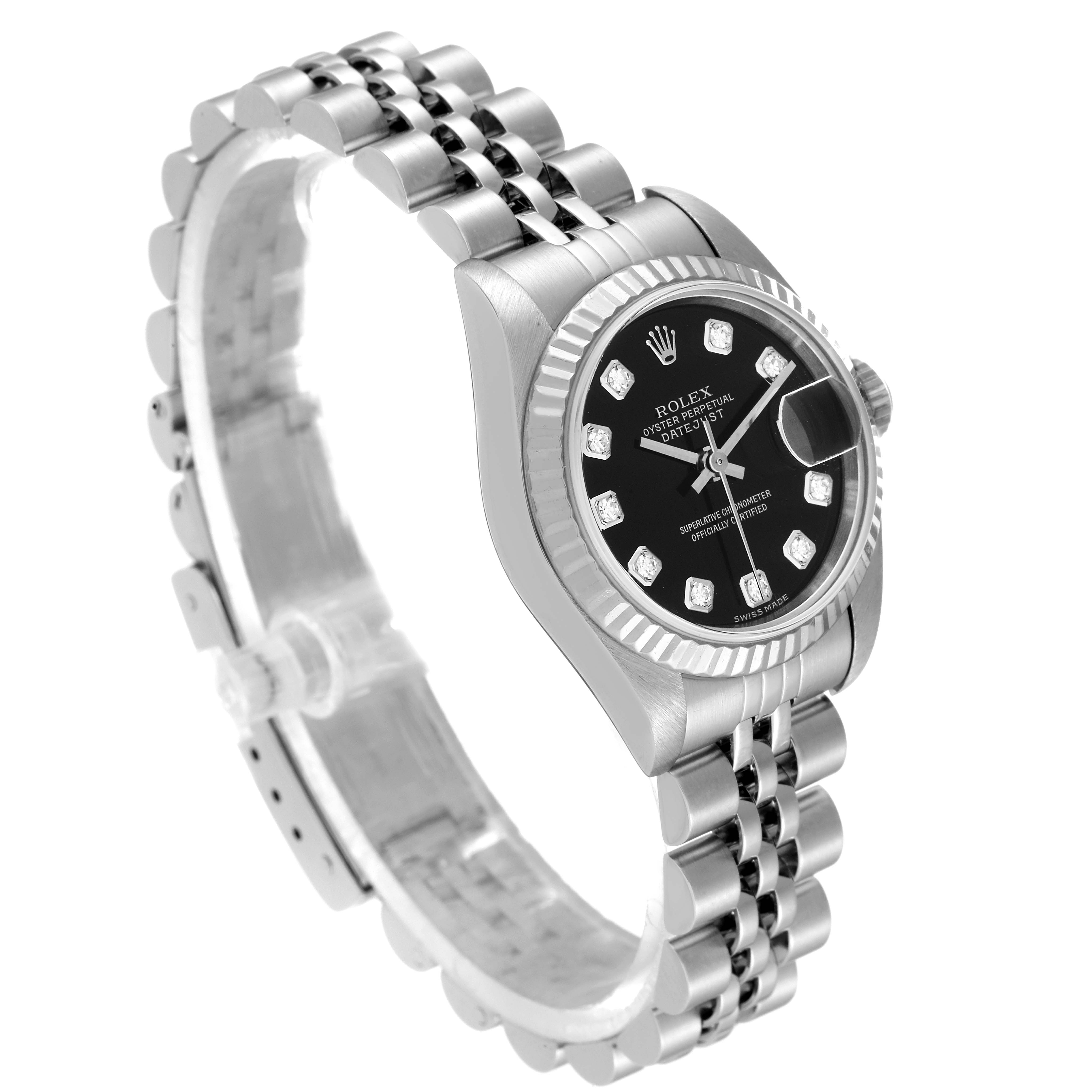 This image shows a Rolex Datejust 79174 Women's Stainless Steel Black Dial 79174 Women's Stainless Steel Black Dial watch from an angled view, highlighting the bezel, dial, crown, and bracelet.