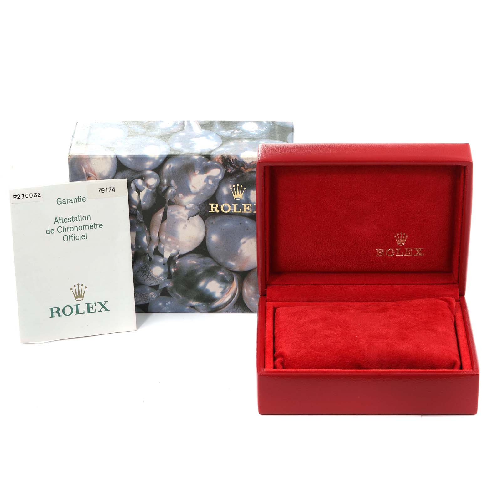 The image features a Rolex Datejust 79174 Women's Stainless Steel Black Dial 79174 Women's Stainless Steel Black Dial watch box, including the packaging and warranty card.