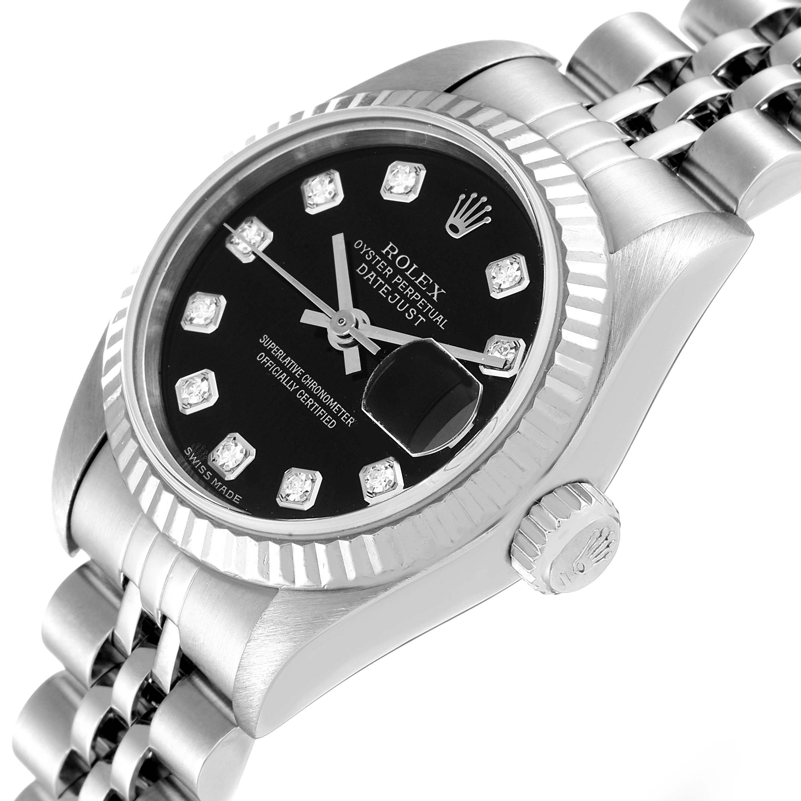 This Rolex Datejust 79174 Women's Stainless Steel Black Dial 79174 Women's Stainless Steel Black Dial watch is shown at an oblique angle, displaying the face, crown, bezel, and part of the bracelet.