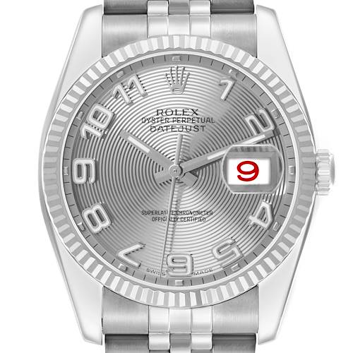 The Rolex Datejust 116234 Men's Stainless Steel Silver Dial watch is shown from the front, displaying the dial, fluted bezel, and part of the bracelet.