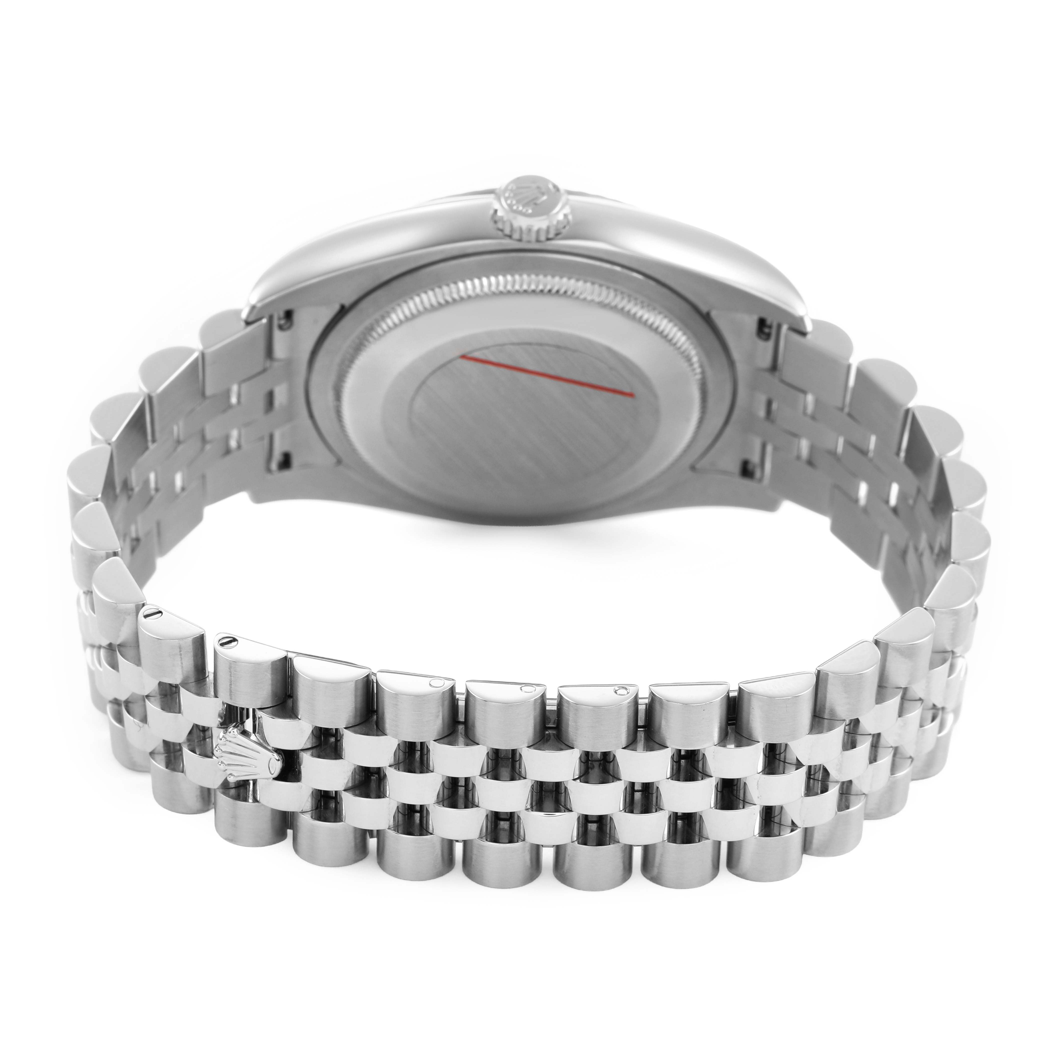 The image shows the back of a Rolex Datejust 116234 Men's Stainless Steel Silver Dial, featuring the case back, crown, and Jubilee bracelet.