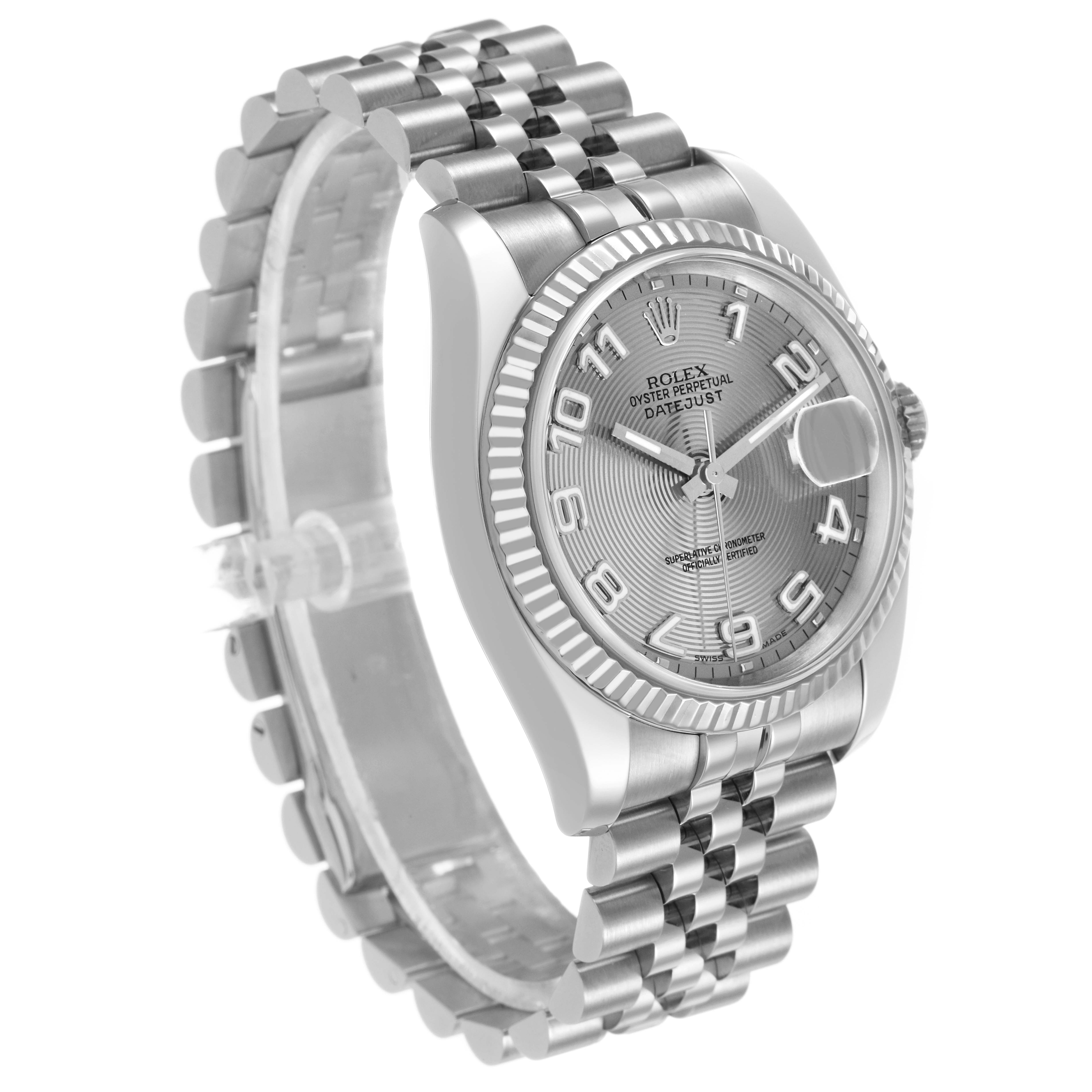 The Rolex Datejust 116234 Men's Stainless Steel Silver Dial watch is shown from a front-left angle, highlighting its silver dial, fluted bezel, and Jubilee bracelet.